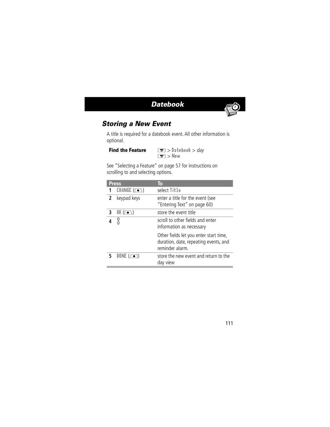 Motorola V70 manual Storing a New Event 