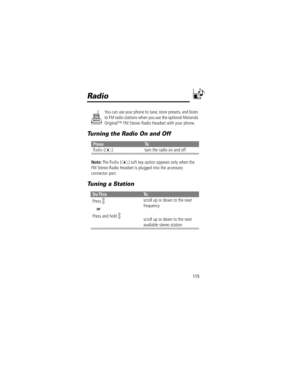 Motorola V70 manual Turning the Radio On and Off, Tuning a Station 