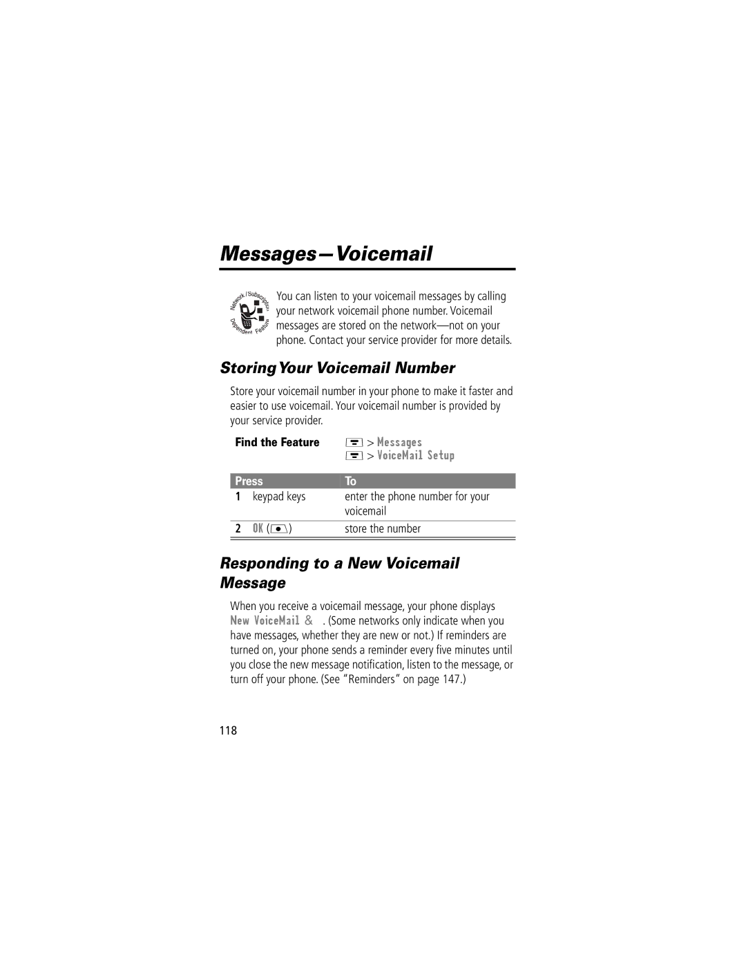 Motorola V70 manual Messages-Voicemail, StoringYour Voicemail Number, Responding to a New Voicemail Message 