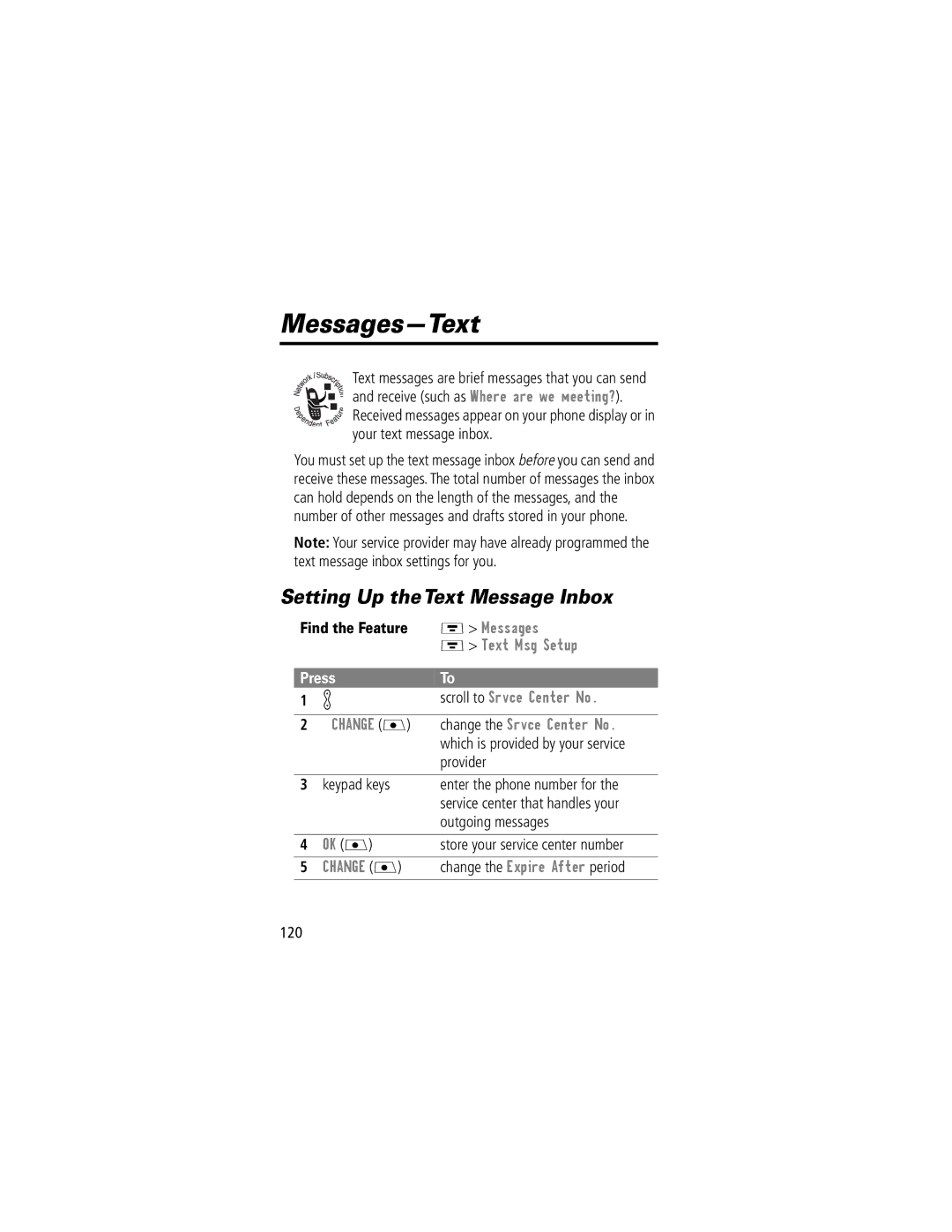 Motorola V70 manual Messages-Text, Setting Up the Text Message Inbox, Provider, Change the Expire After period 