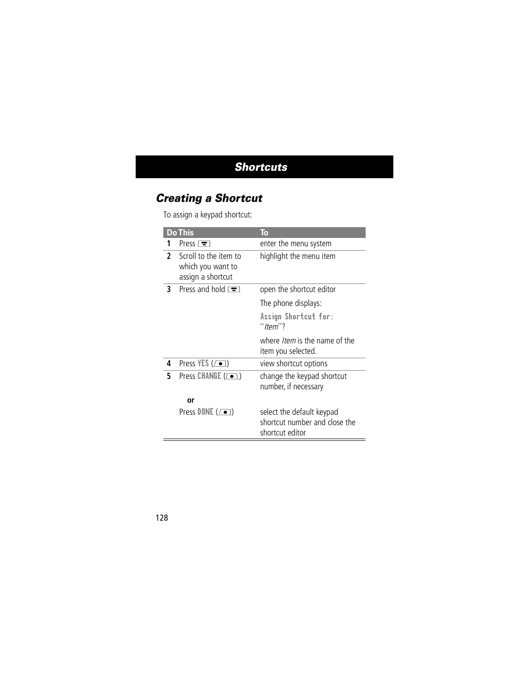 Motorola V70 manual Shortcuts, Creating a Shortcut 