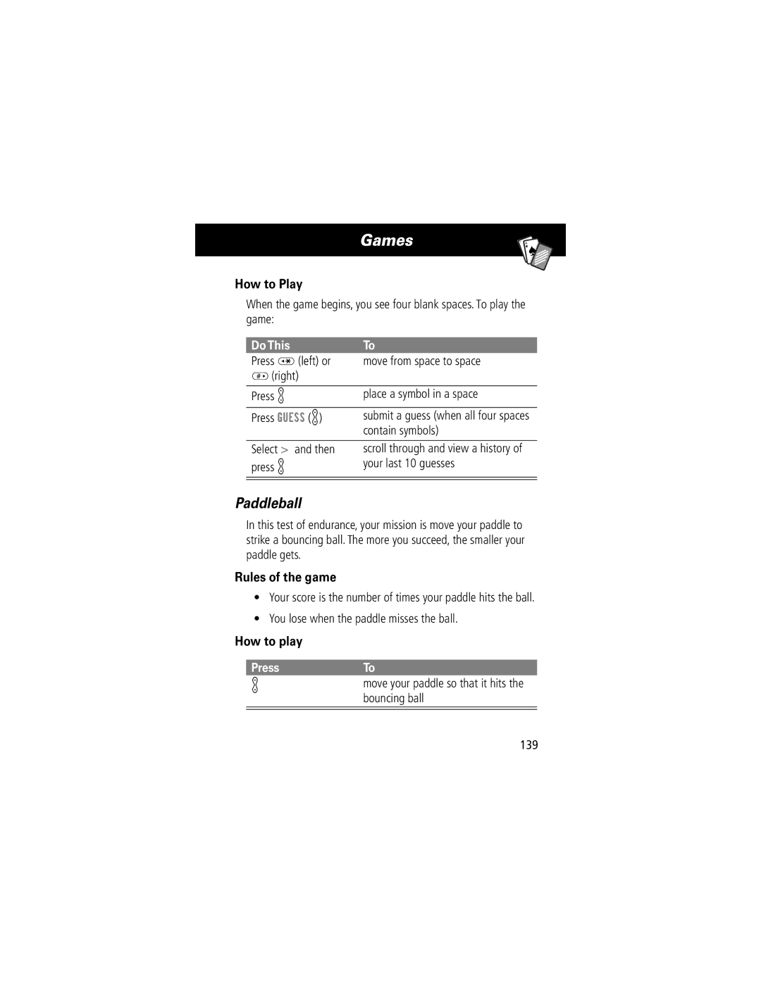 Motorola V70 manual Paddleball, PressTo 