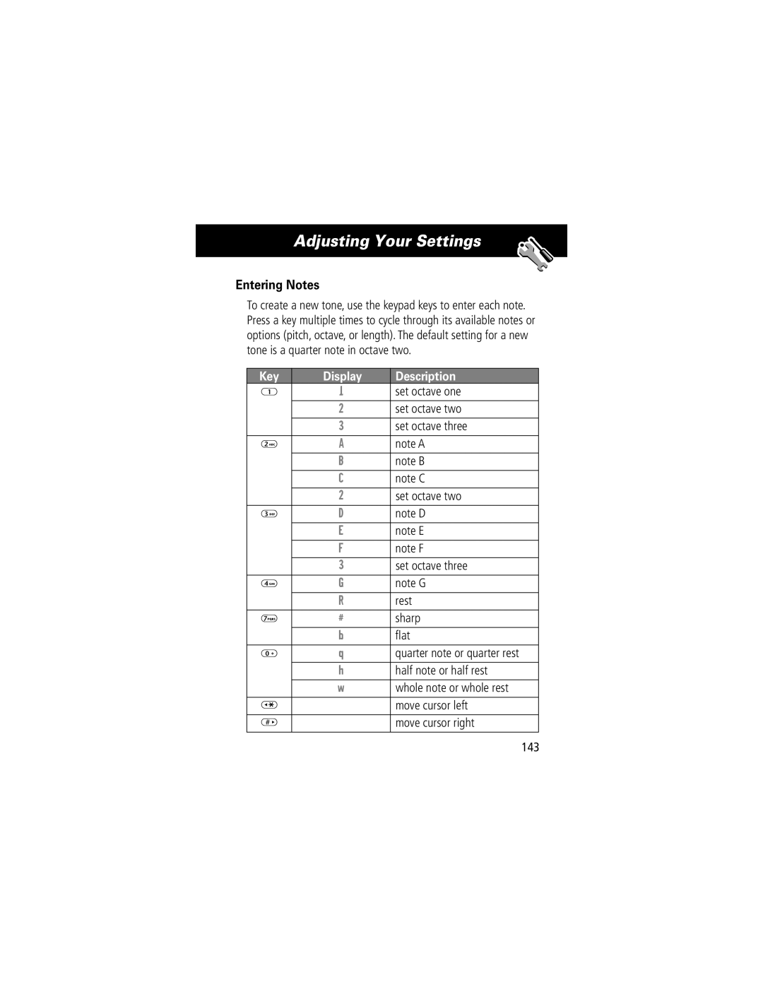 Motorola V70 manual Entering Notes, Key Display Description 