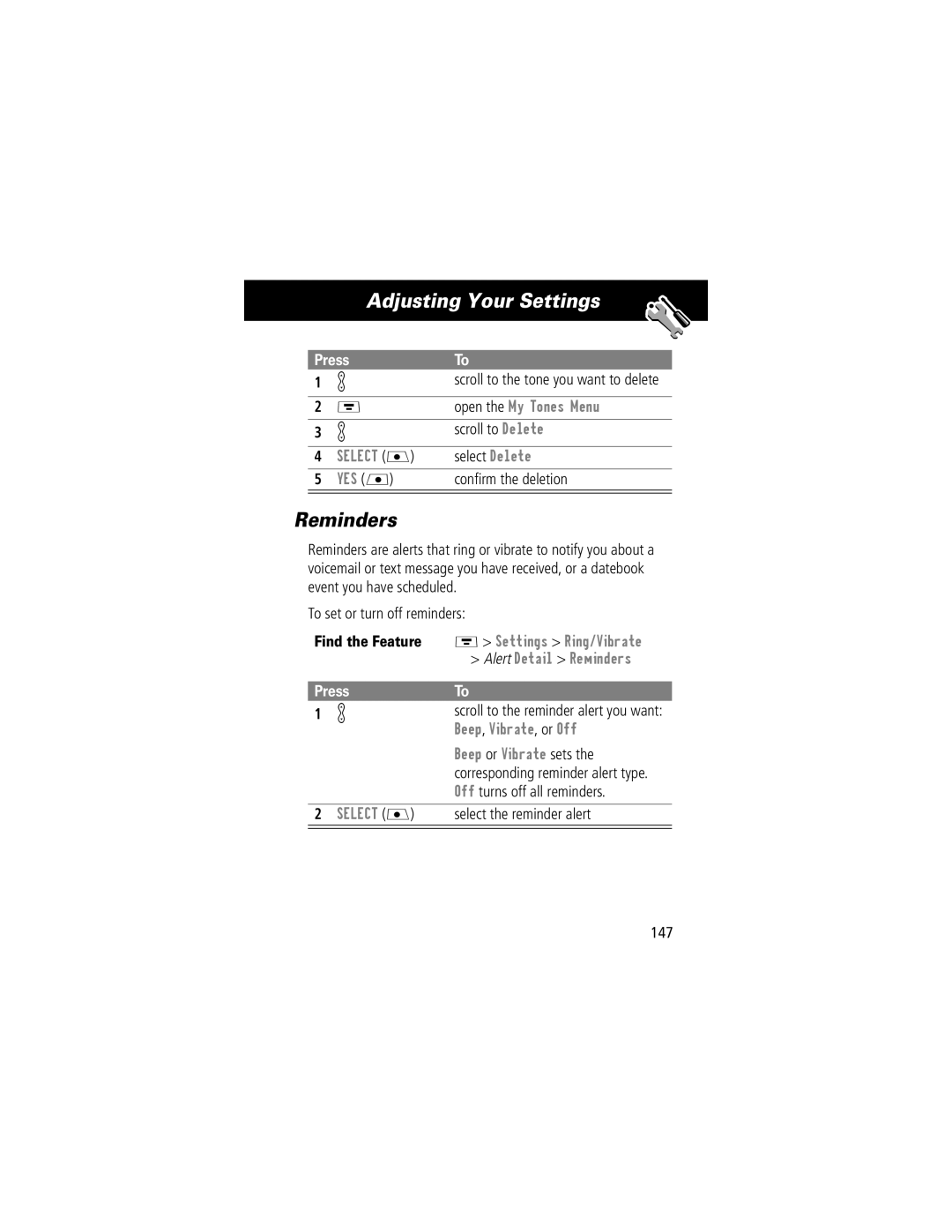 Motorola V70 manual Reminders, Off turns off all reminders, Select the reminder alert, 147 