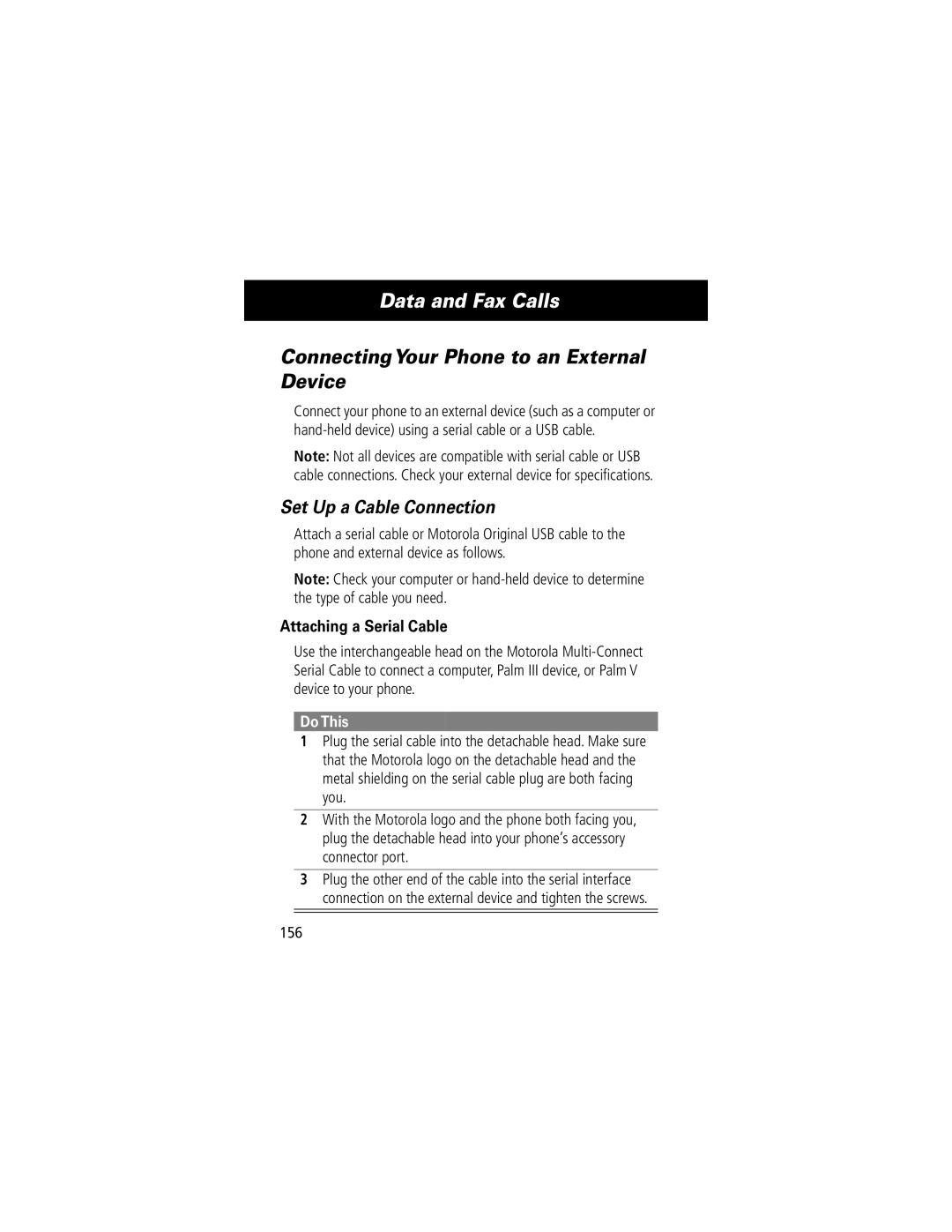 Motorola V70 manual Data and Fax Calls, ConnectingYour Phone to an External Device, Set Up a Cable Connection, 156 