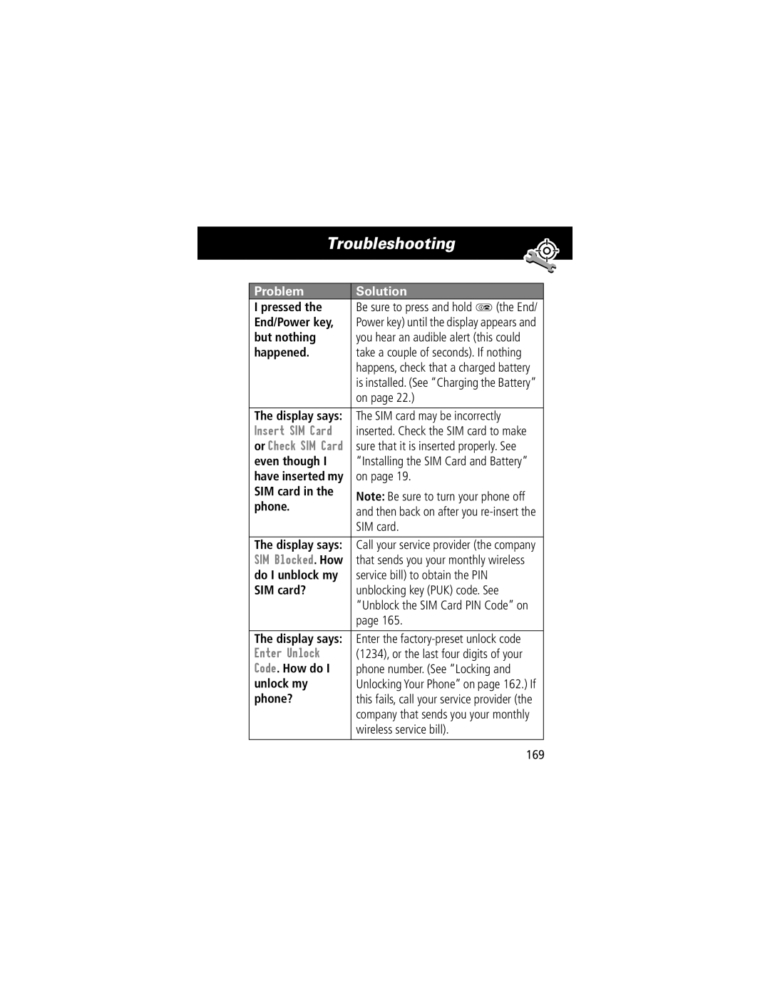 Motorola V70 manual SIM card may be incorrectly, Service bill to obtain the PIN, Unblocking key PUK code. See, 169 