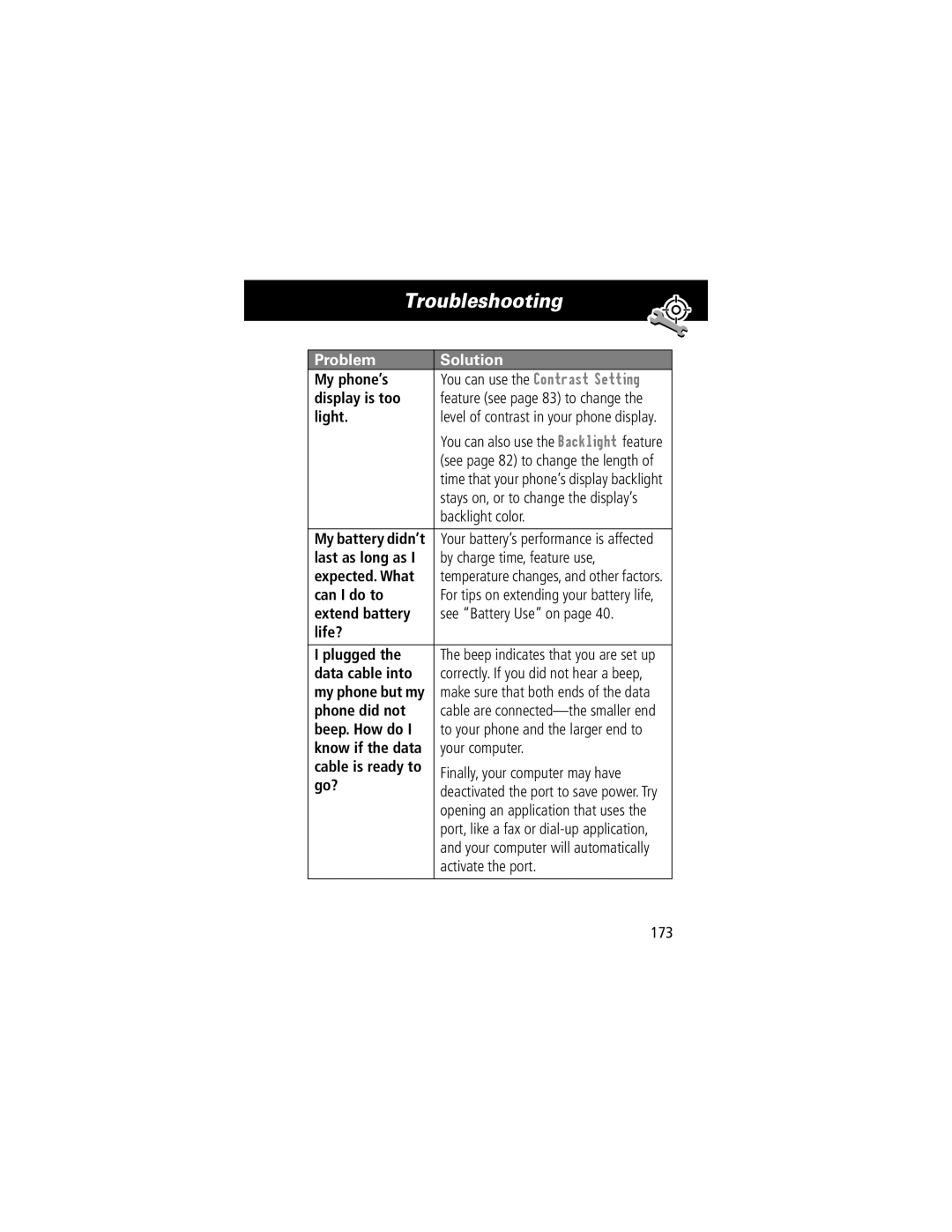 Motorola V70 manual You can use the Contrast Setting, Backlight color, By charge time, feature use, See Battery Use on, 173 