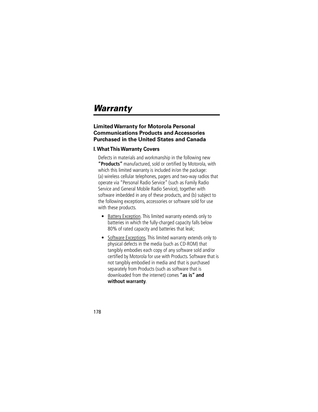 Motorola V70 manual What This Warranty Covers, 178 