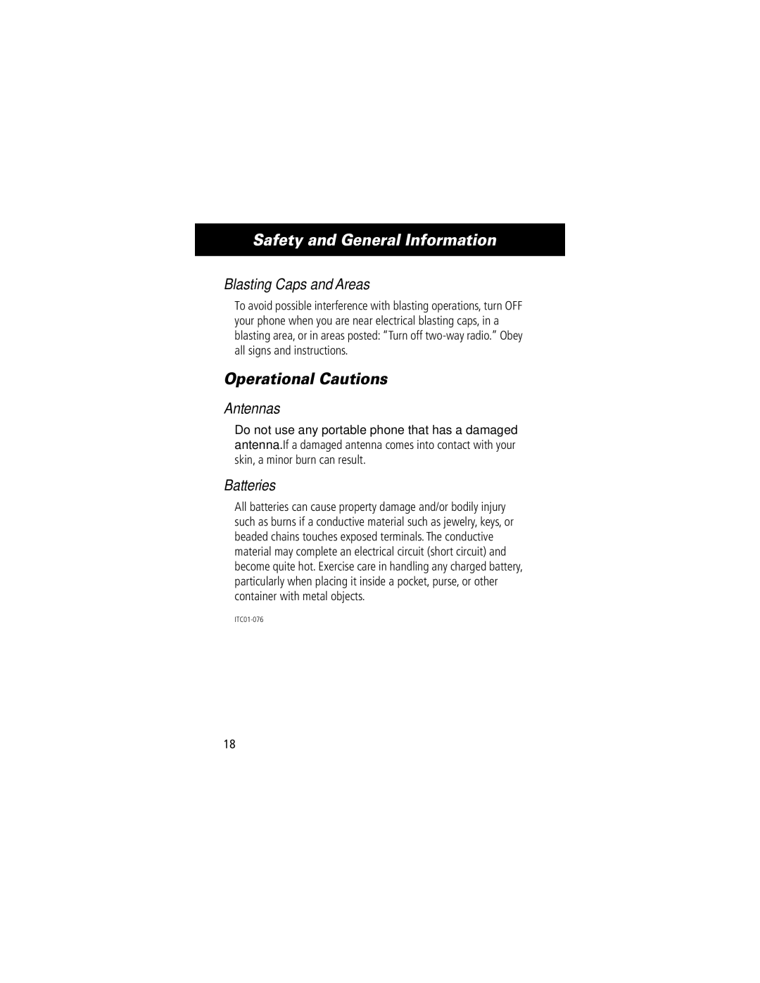 Motorola V70 manual Operational Cautions, Blasting Caps and Areas, Antennas, Batteries 