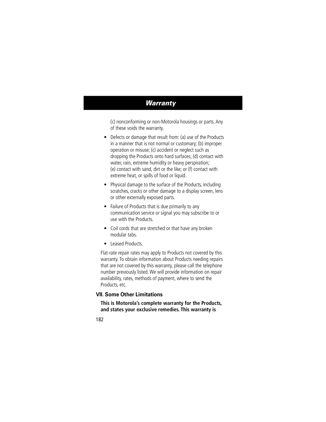 Motorola V70 manual VII. Some Other Limitations, 182 