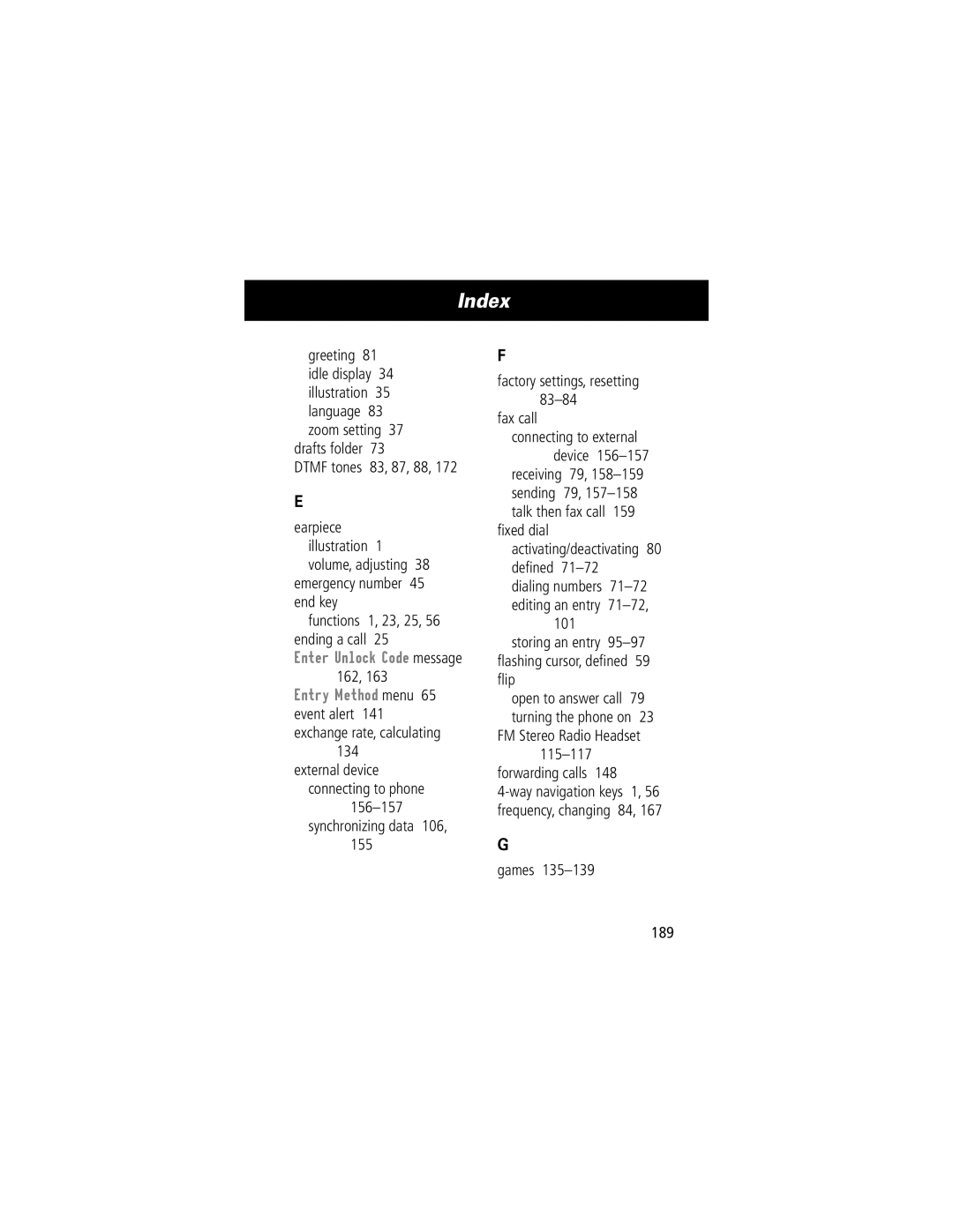 Motorola V70 manual Factory settings, resetting Fax call, ﬁxed dial activating/deactivating 80 deﬁned, Forwarding calls 