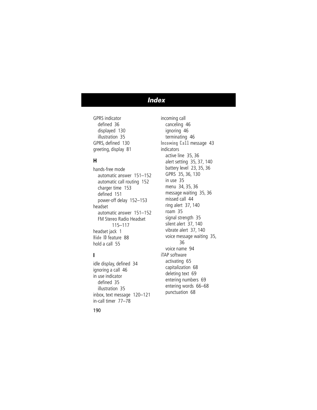 Motorola V70 manual 115-117, Idle display, deﬁned 34 ignoring a call, Active line 35, 190 