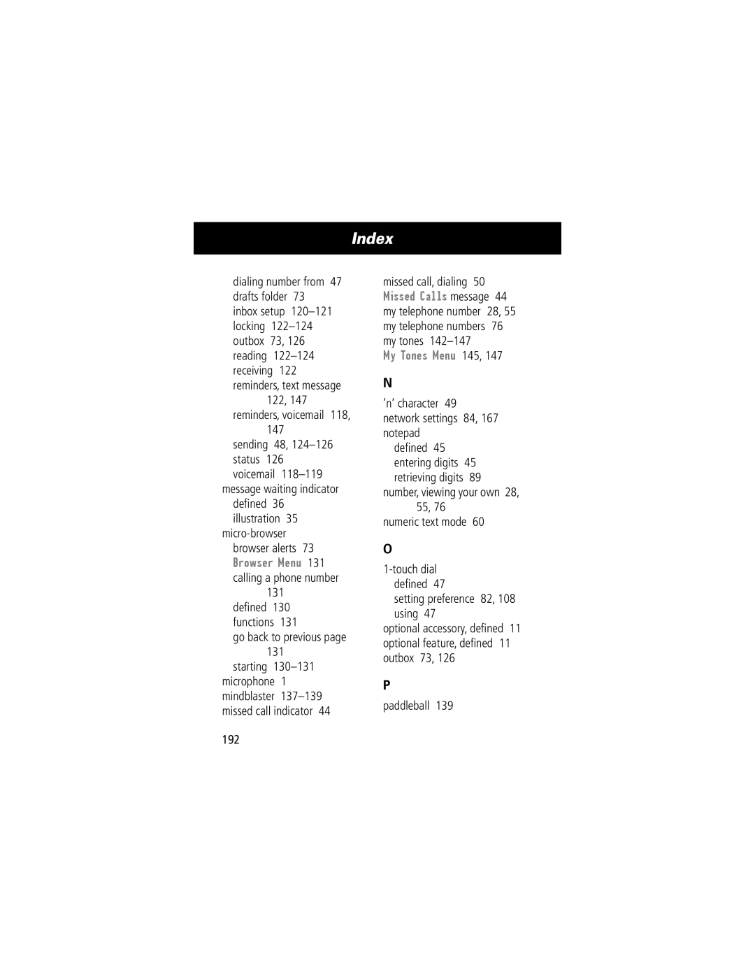 Motorola V70 manual Dialing number from 47 drafts folder, Go back to previous, My Tones Menu 145, Paddleball 192 