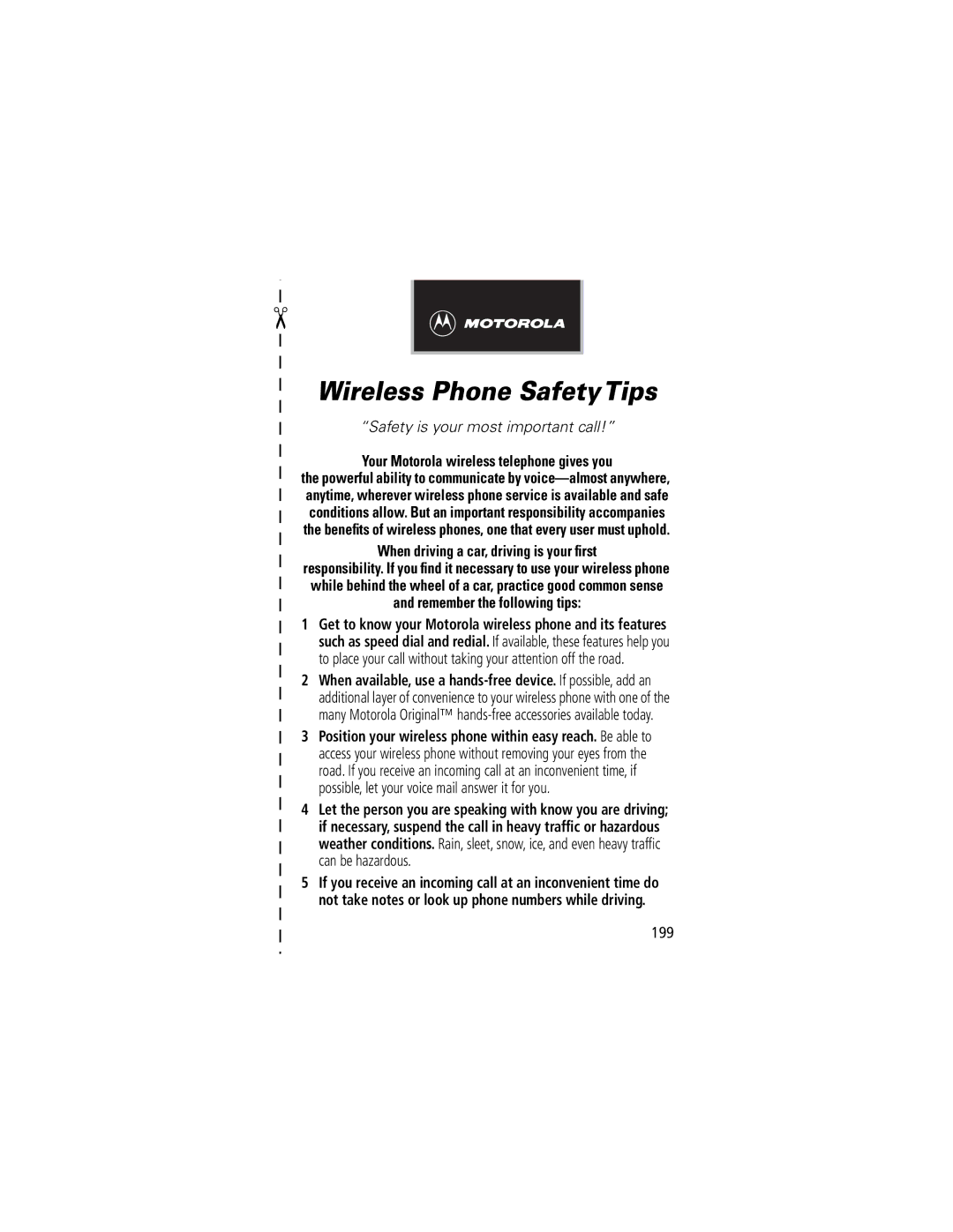 Motorola V70 manual Wireless Phone Safety Tips, 199 