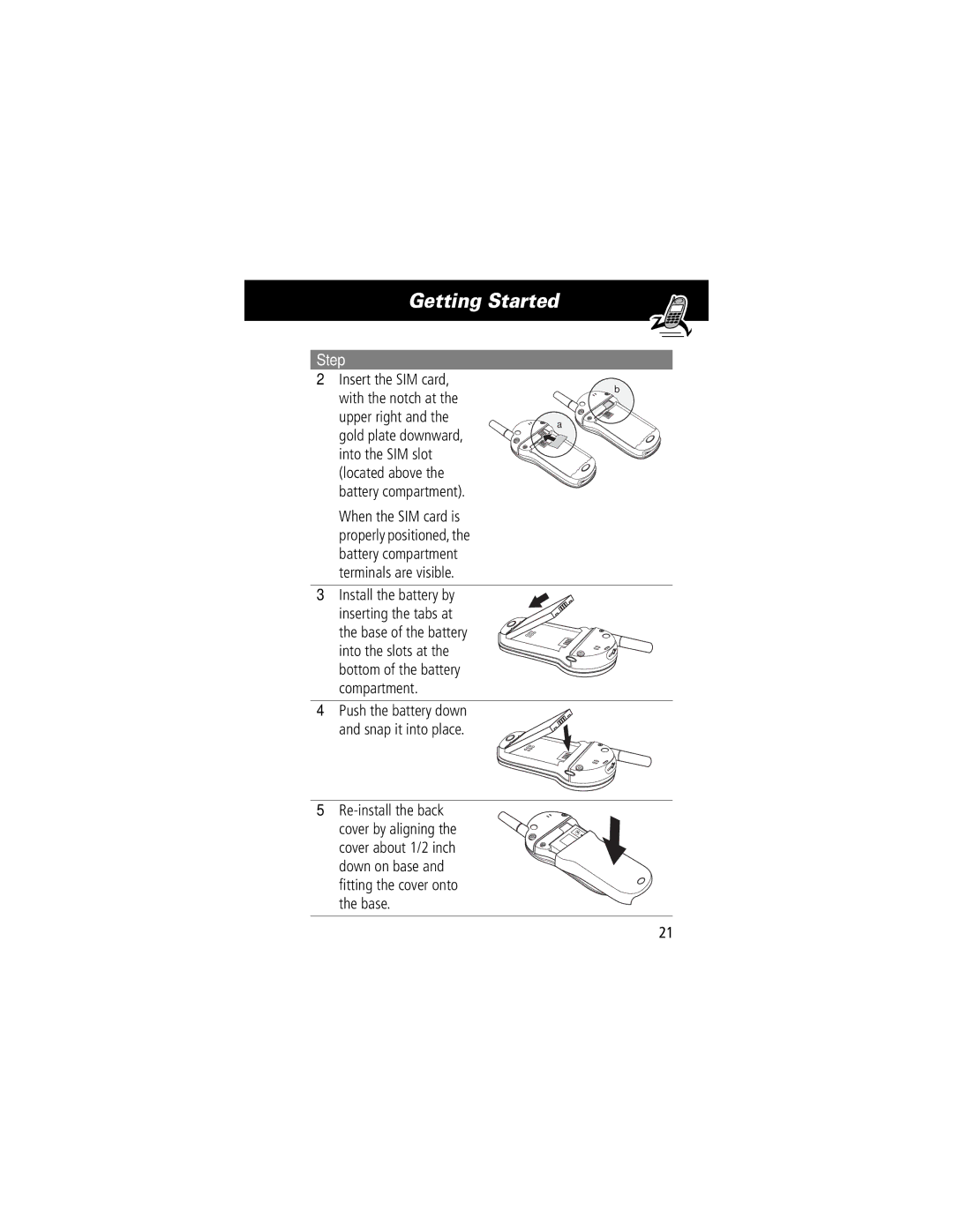 Motorola V70 manual Insert the SIM card With the notch at Upper right, Install the battery by 