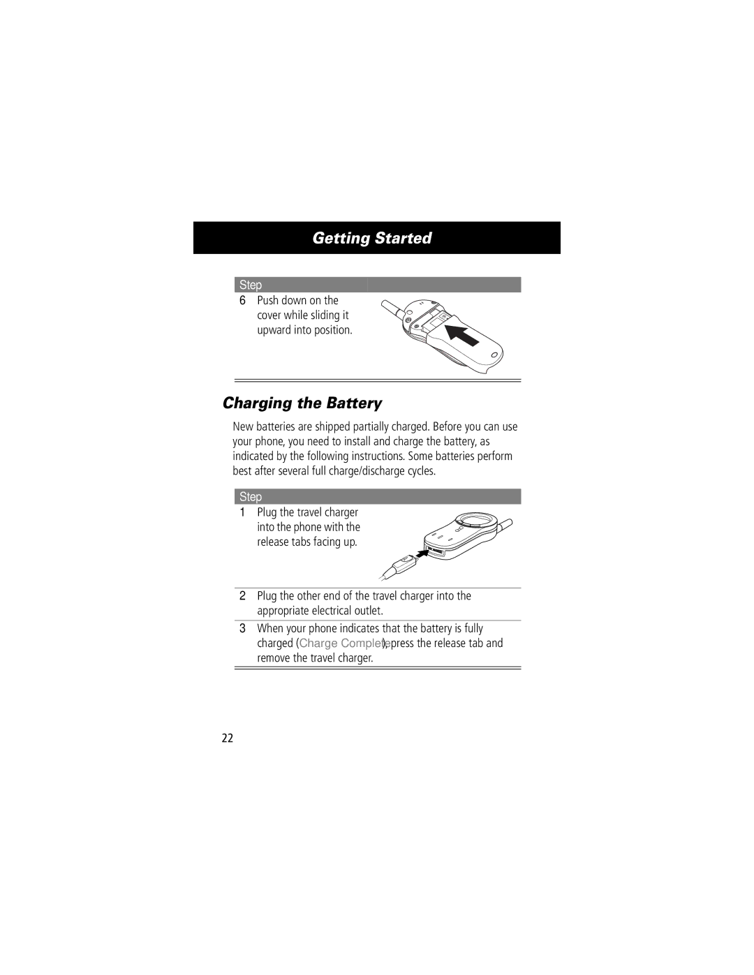 Motorola V70 manual Charging the Battery, Push down on, Plug the travel charger 