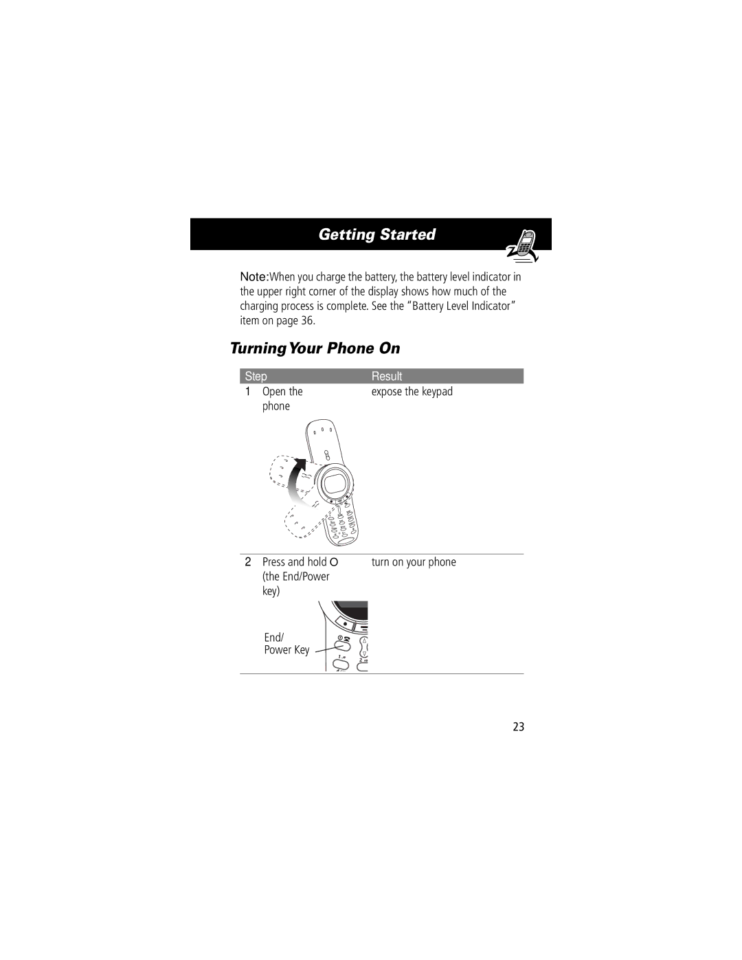 Motorola V70 manual TurningYour Phone On, Step Result Open, Press and hold O turn on your phone the End/Power Key 