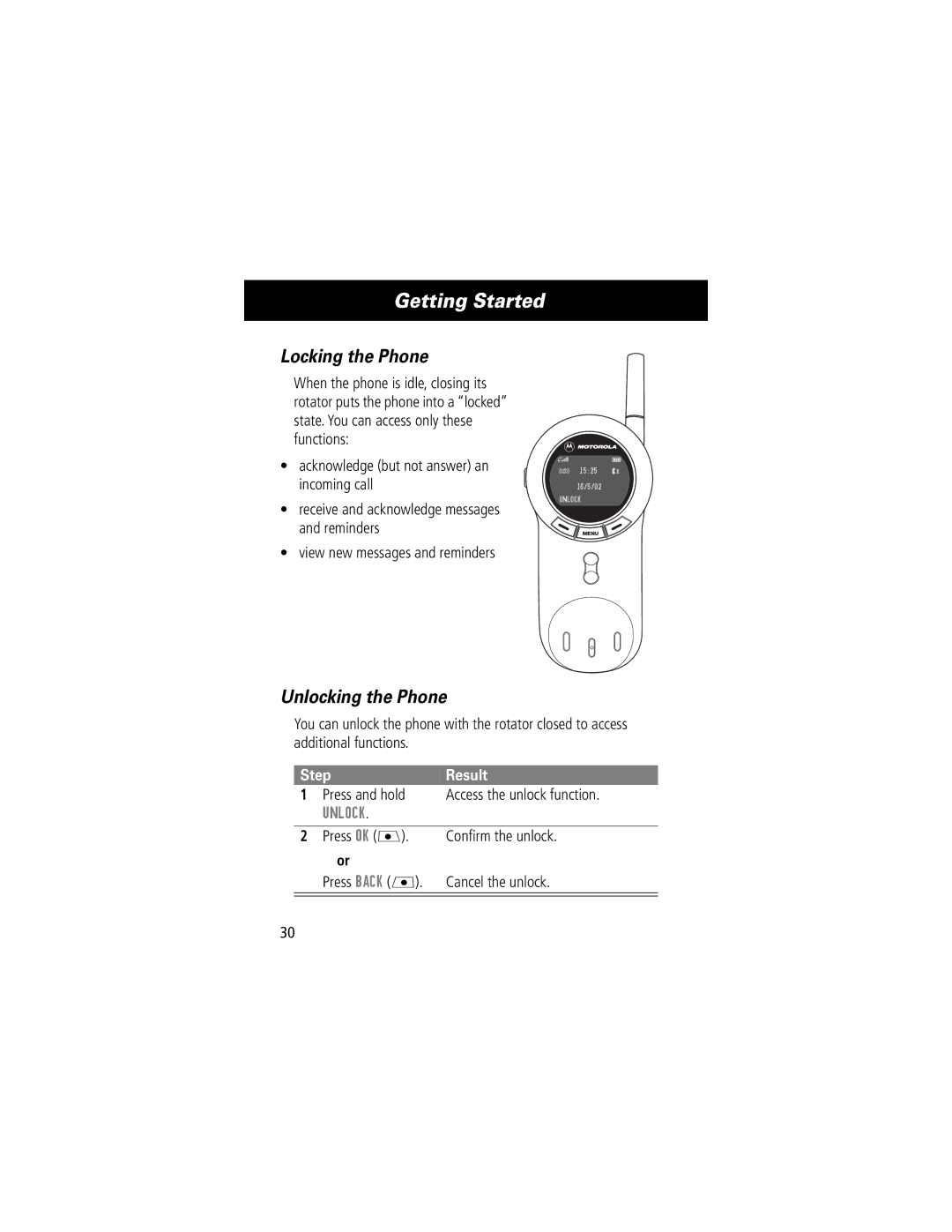 Motorola V70 manual Locking the Phone, Unlocking the Phone, Step Result, Press and hold Access the unlock function 