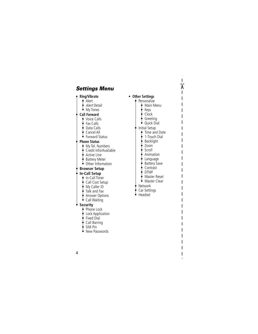 Motorola V70 manual Settings Menu, Alert, My Tones, Voice Calls Fax Calls Data Calls Cancel All Forward Status 