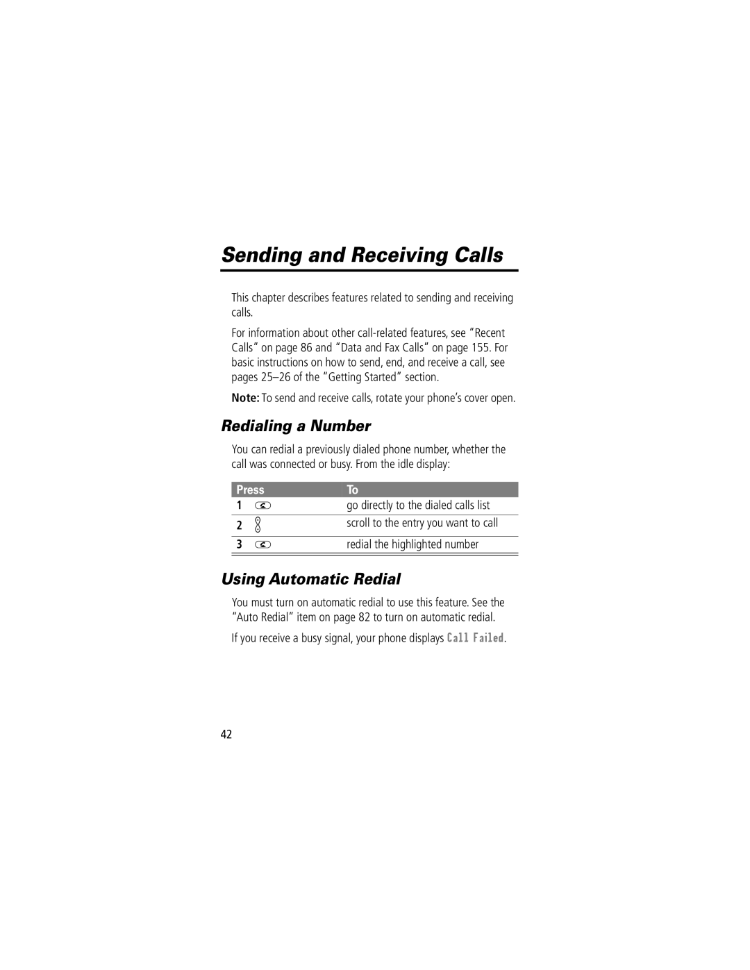 Motorola V70 Sending and Receiving Calls, Redialing a Number, Using Automatic Redial, Go directly to the dialed calls list 