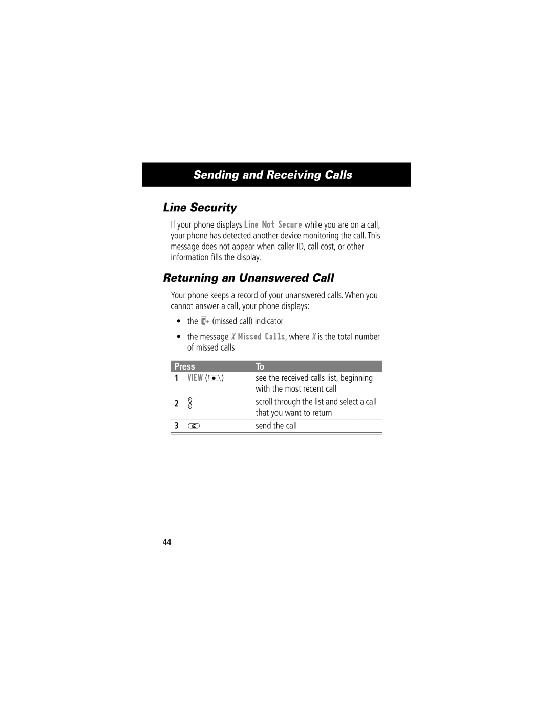 Motorola V70 manual Line Security, Returning an Unanswered Call, View J, With the most recent call, That you want to return 