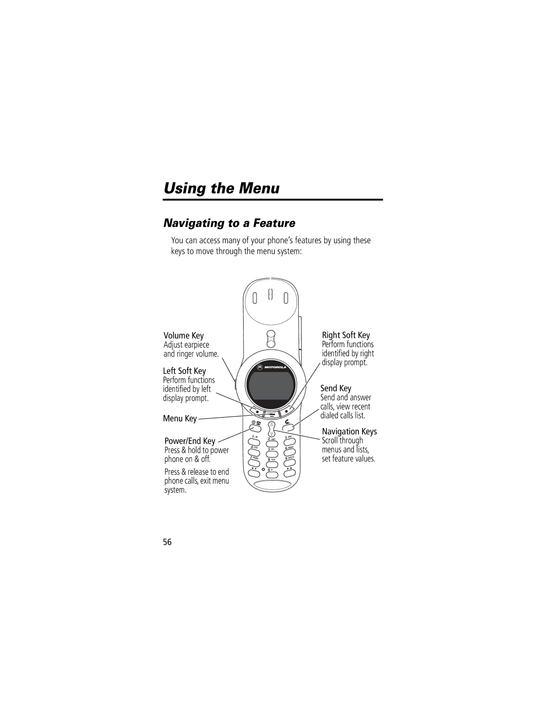 Motorola V70 manual Using the Menu, Navigating to a Feature, Right Soft Key, Navigation Keys 