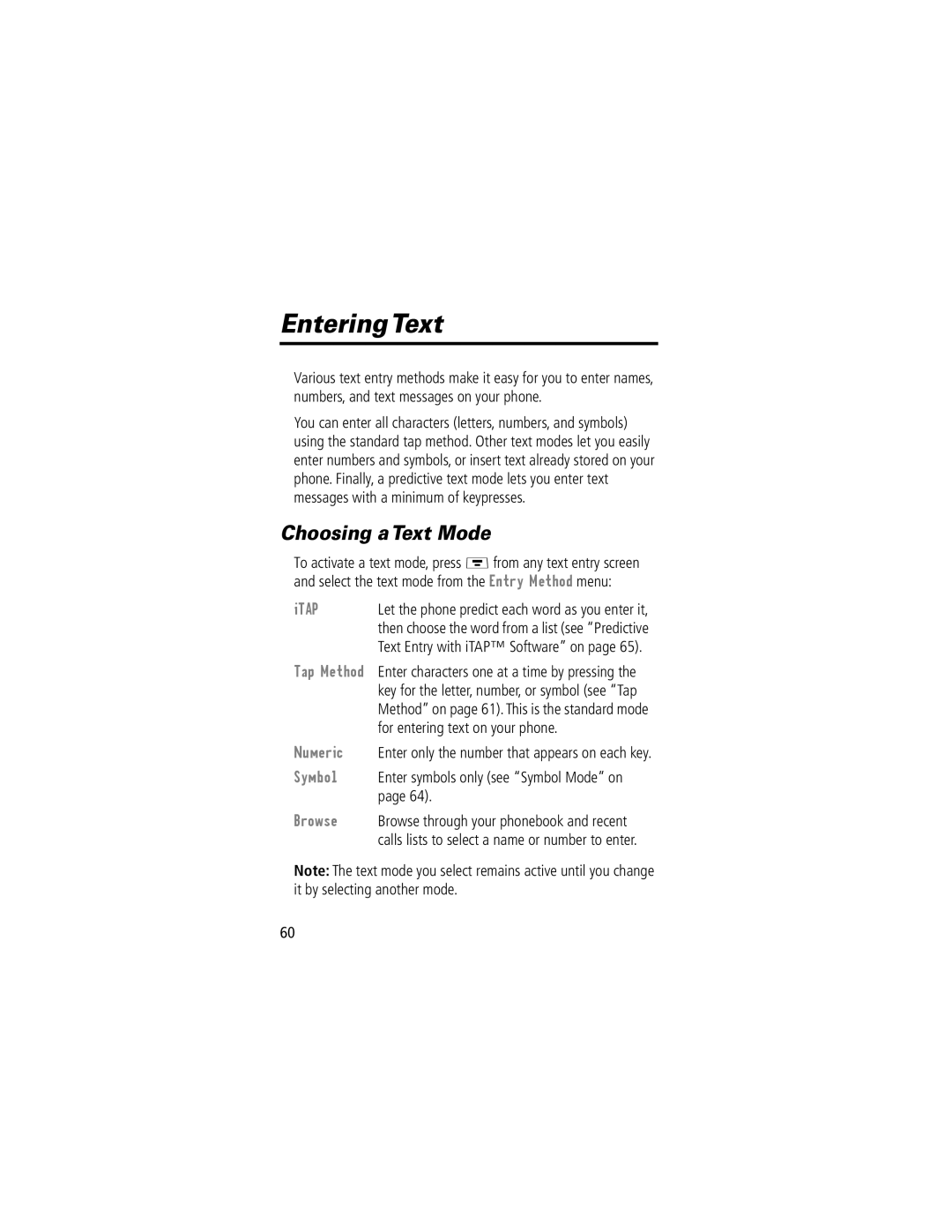 Motorola V70 manual Entering Text, Choosing a Text Mode, For entering text on your phone 