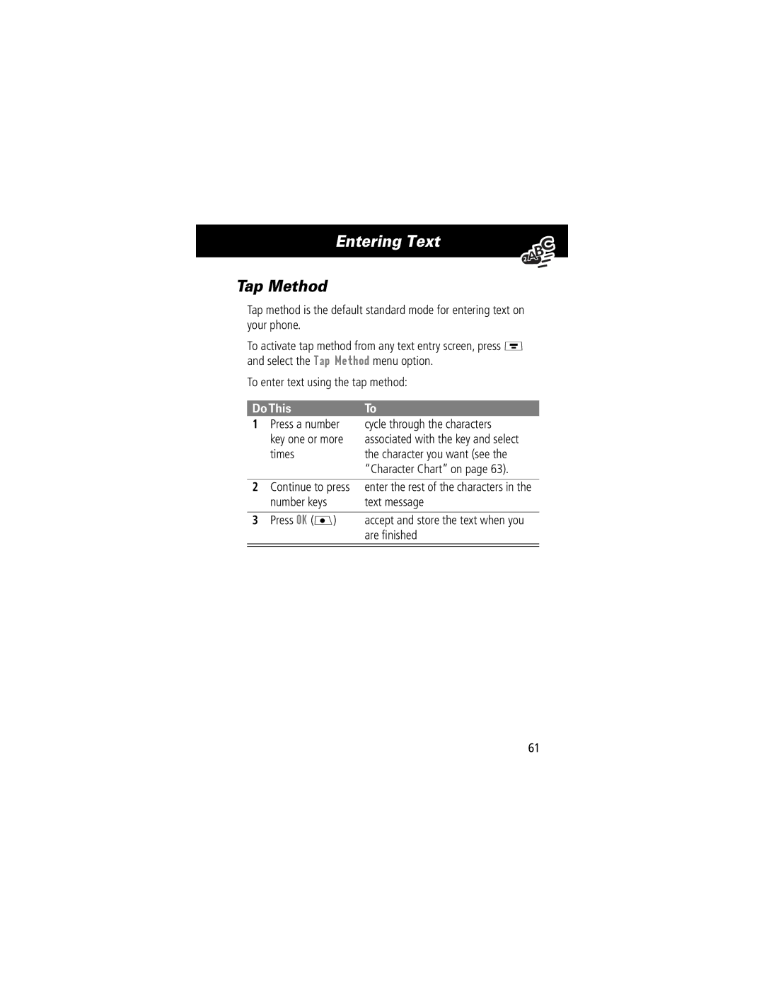 Motorola V70 manual Entering Text, Tap Method 