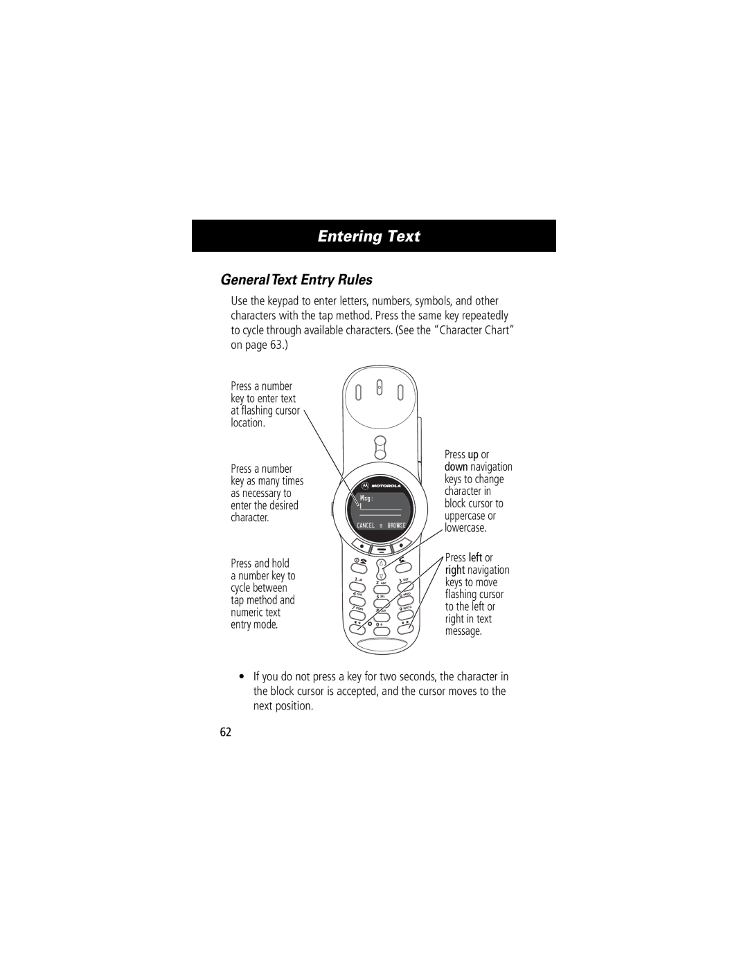 Motorola V70 manual General Text Entry Rules, Press a number key to enter text at ﬂashing cursor location 