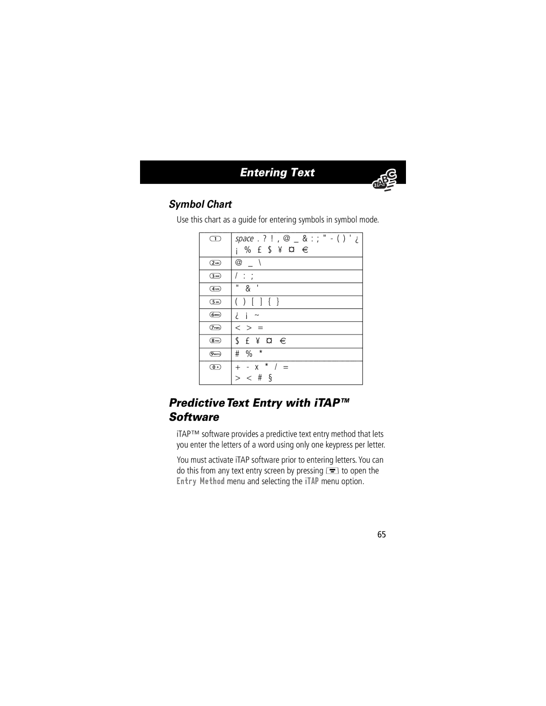 Motorola V70 manual Predictive Text Entry with iTAP Software, Symbol Chart 