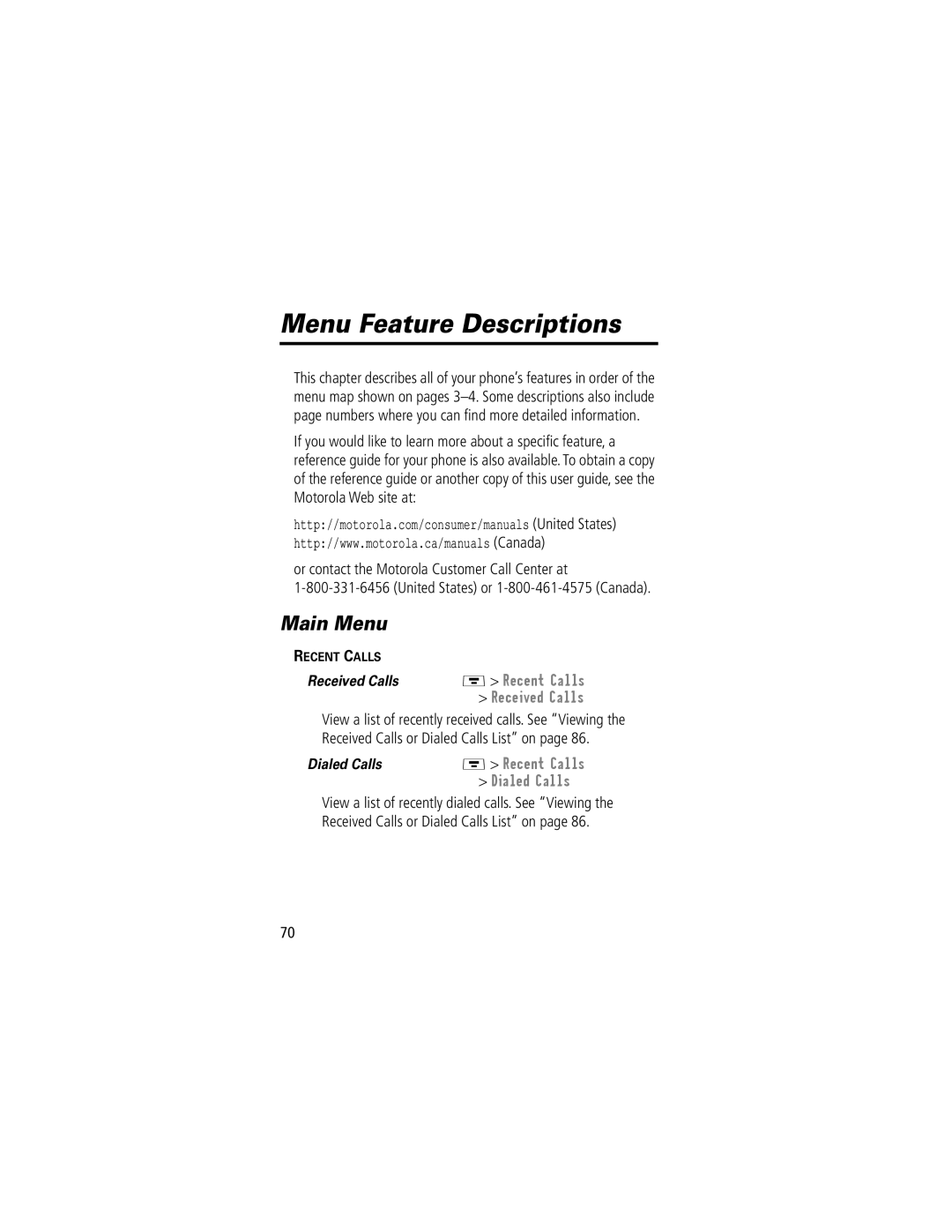 Motorola V70 manual Menu Feature Descriptions, Received Calls 