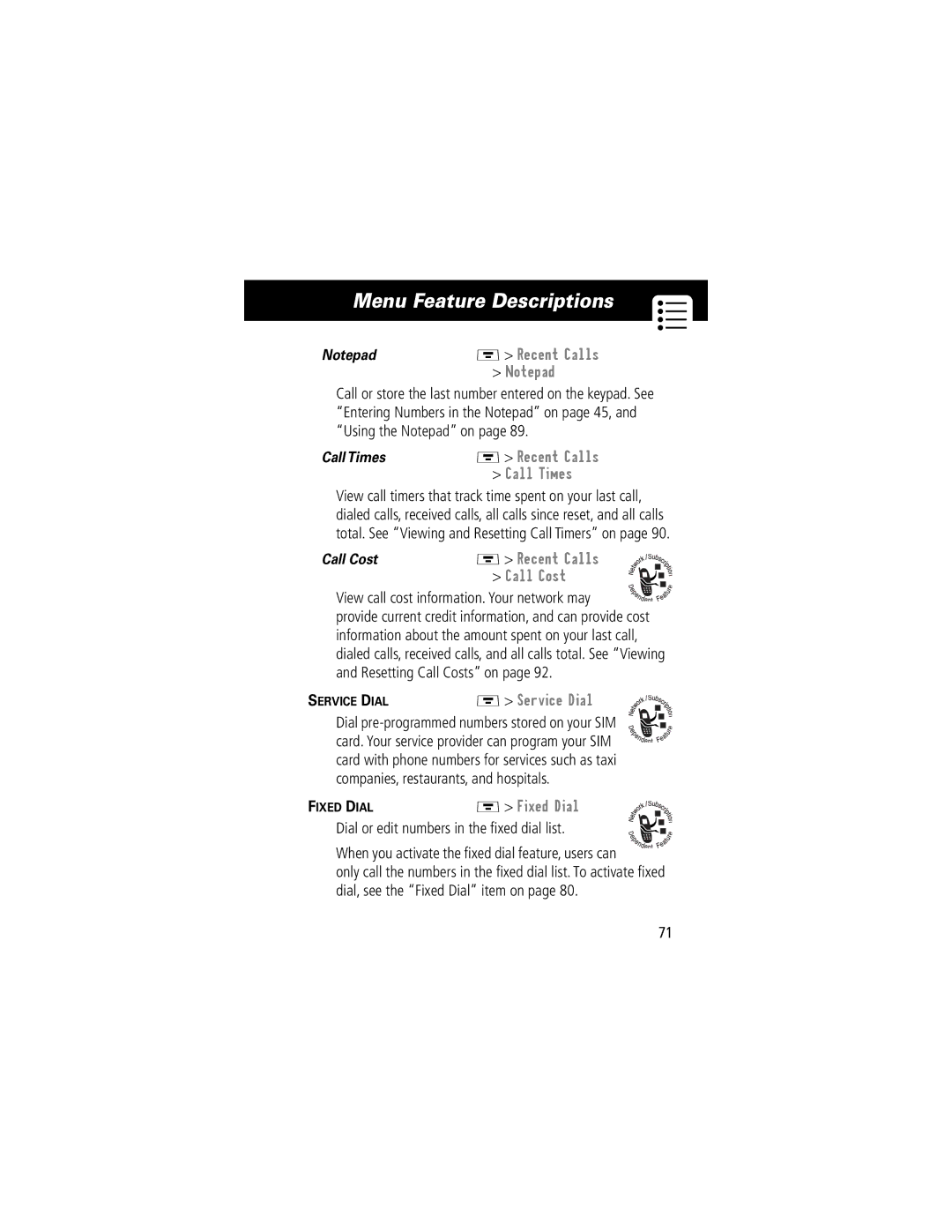 Motorola V70 manual Menu Feature Descriptions, Call Times, Recent Calls Call Cost, Fixed Dialm Fixed Dial 