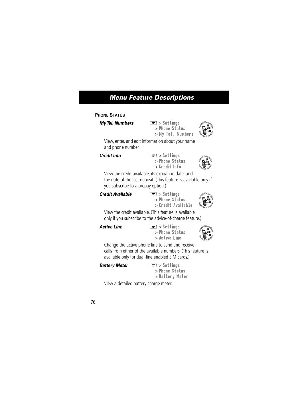 Motorola V70 manual Change the active phone line to send and receive, View a detailed battery charge meter 