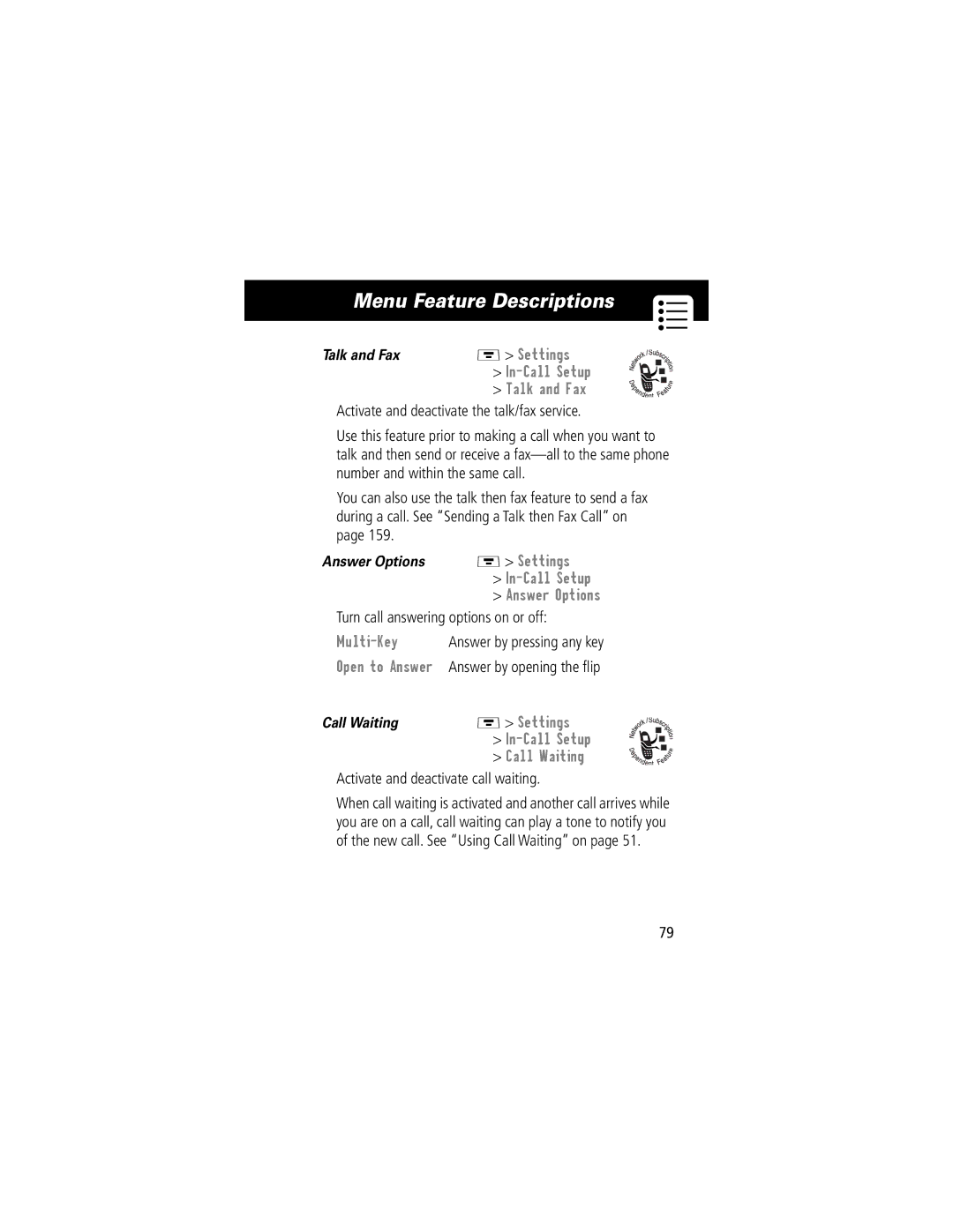 Motorola V70 manual Settings In-Call Setup Talk and Fax, Settings In-Call Setup Answer Options, Multi-Key 