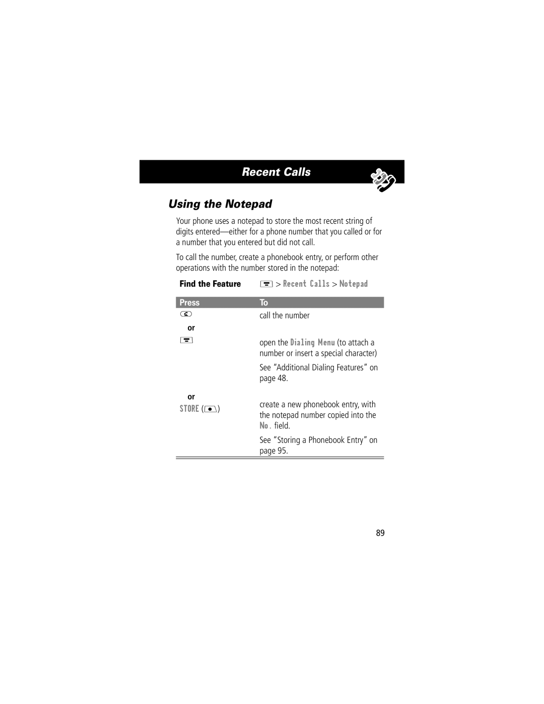 Motorola V70 manual Using the Notepad, Recent Calls Notepad 