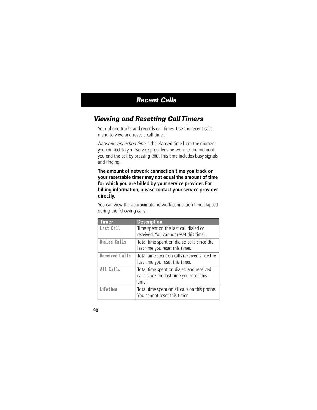 Motorola V70 manual Viewing and Resetting Call Timers, Timer Description, Last Call, All Calls, Lifetime 