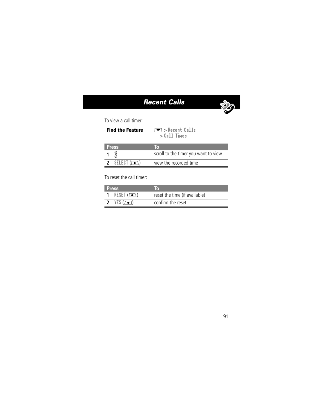 Motorola V70 manual To view a call timer, View the recorded time, Reset the time if available, Conﬁrm the reset 