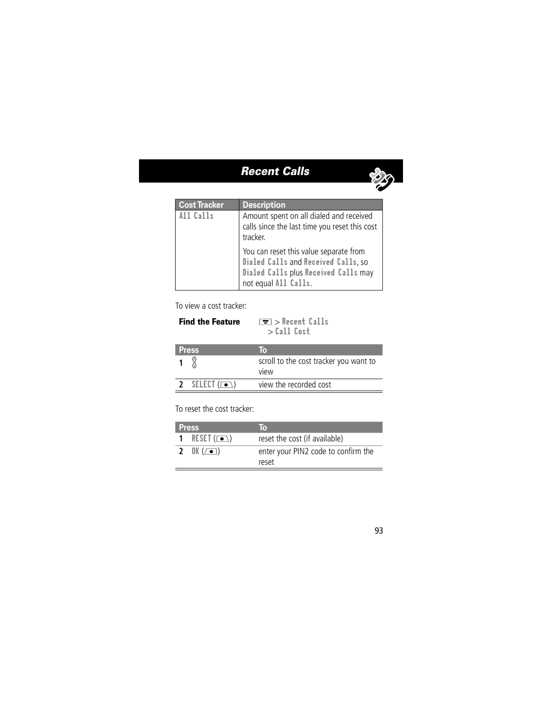 Motorola V70 Not equal All Calls, To view a cost tracker, View the recorded cost, To reset the cost tracker, Reset 