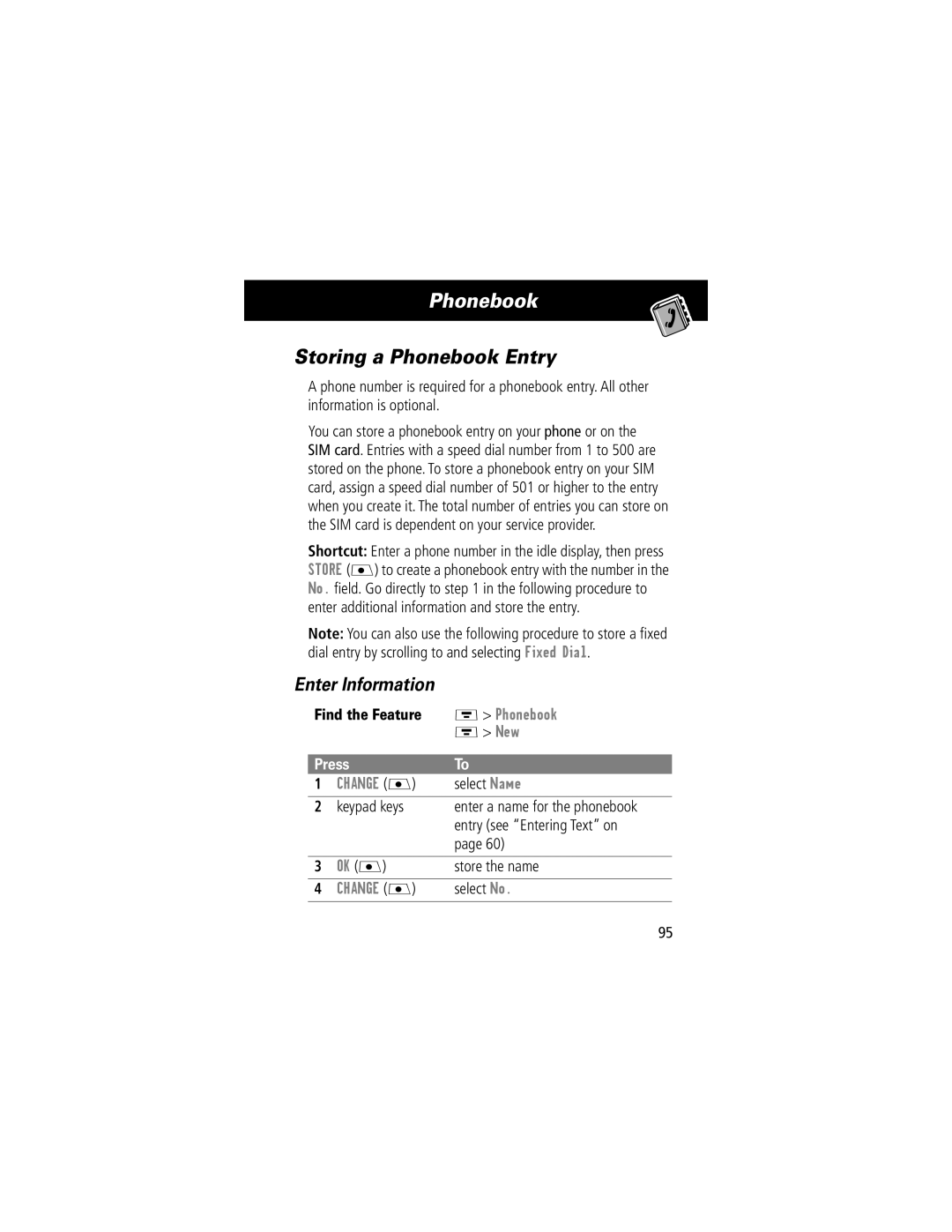 Motorola V70 manual Storing a Phonebook Entry, Enter Information 