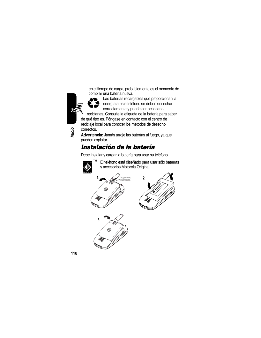 Motorola V710 manual Instalación de la batería, 118 