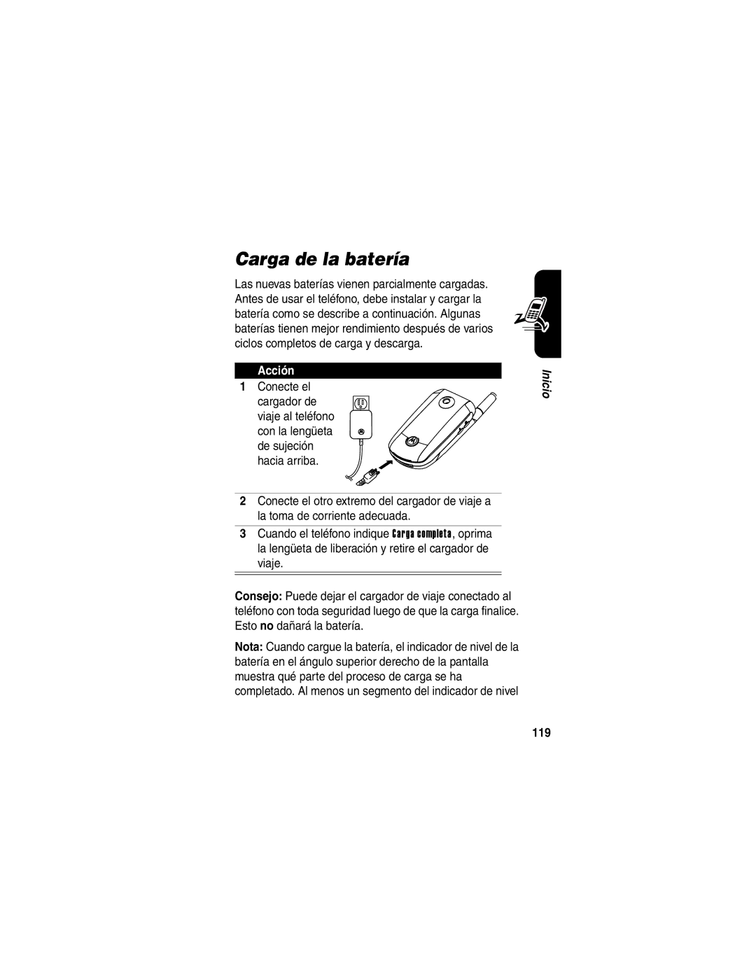 Motorola V710 manual Carga de la batería, Conecte el cargador de viaje al teléfono, 119 