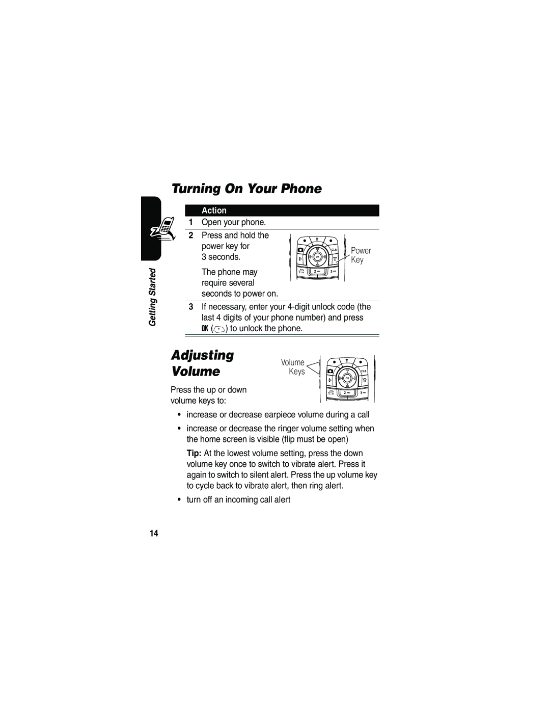 Motorola V710 manual Turning On Your Phone, Adjusting, Volume Keys 