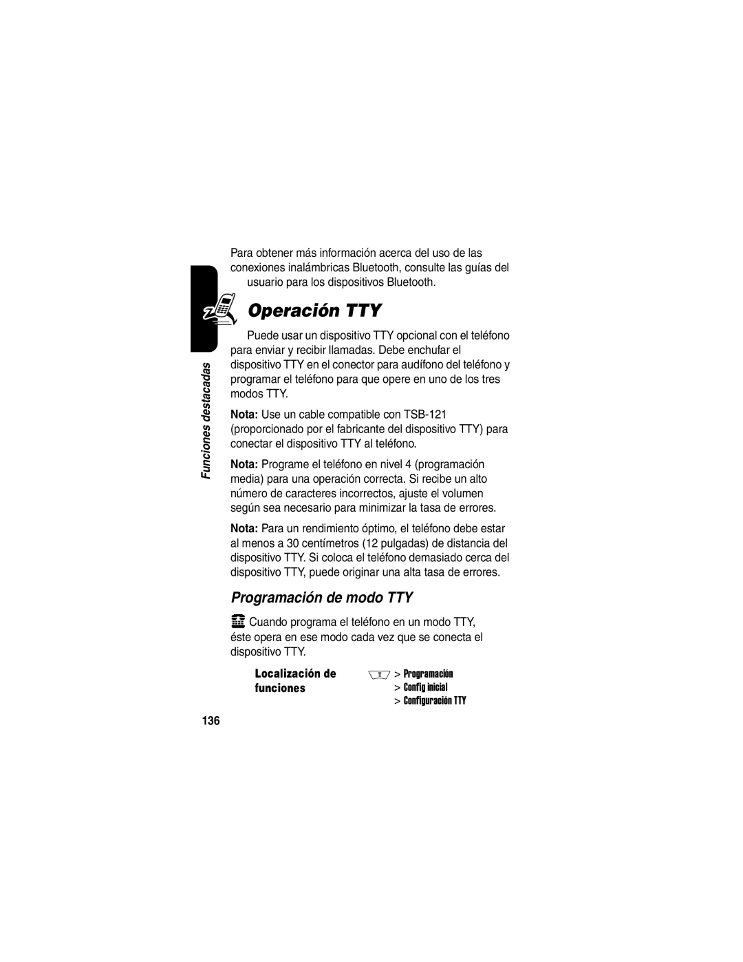 Motorola V710 manual Operación TTY, Programación de modo TTY, Usuario para los dispositivos Bluetooth, 136 