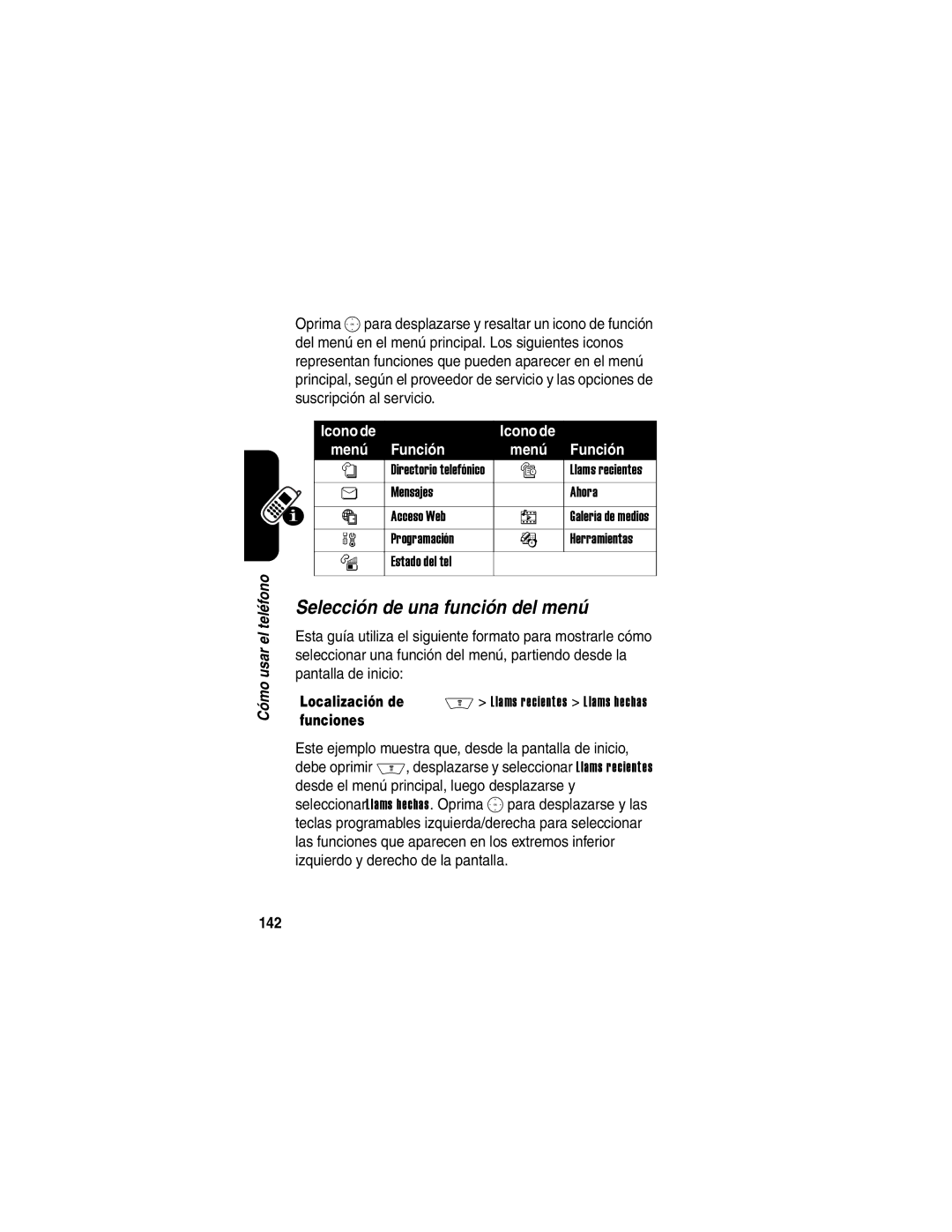 Motorola V710 manual Selección de una función del menú, 142 