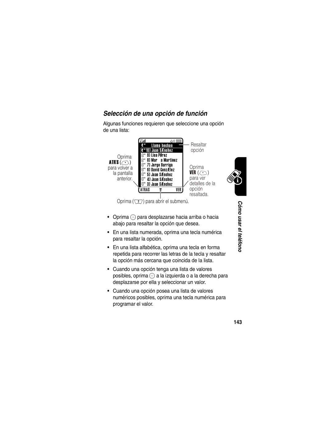 Motorola V710 manual Selección de una opción de función, 143 