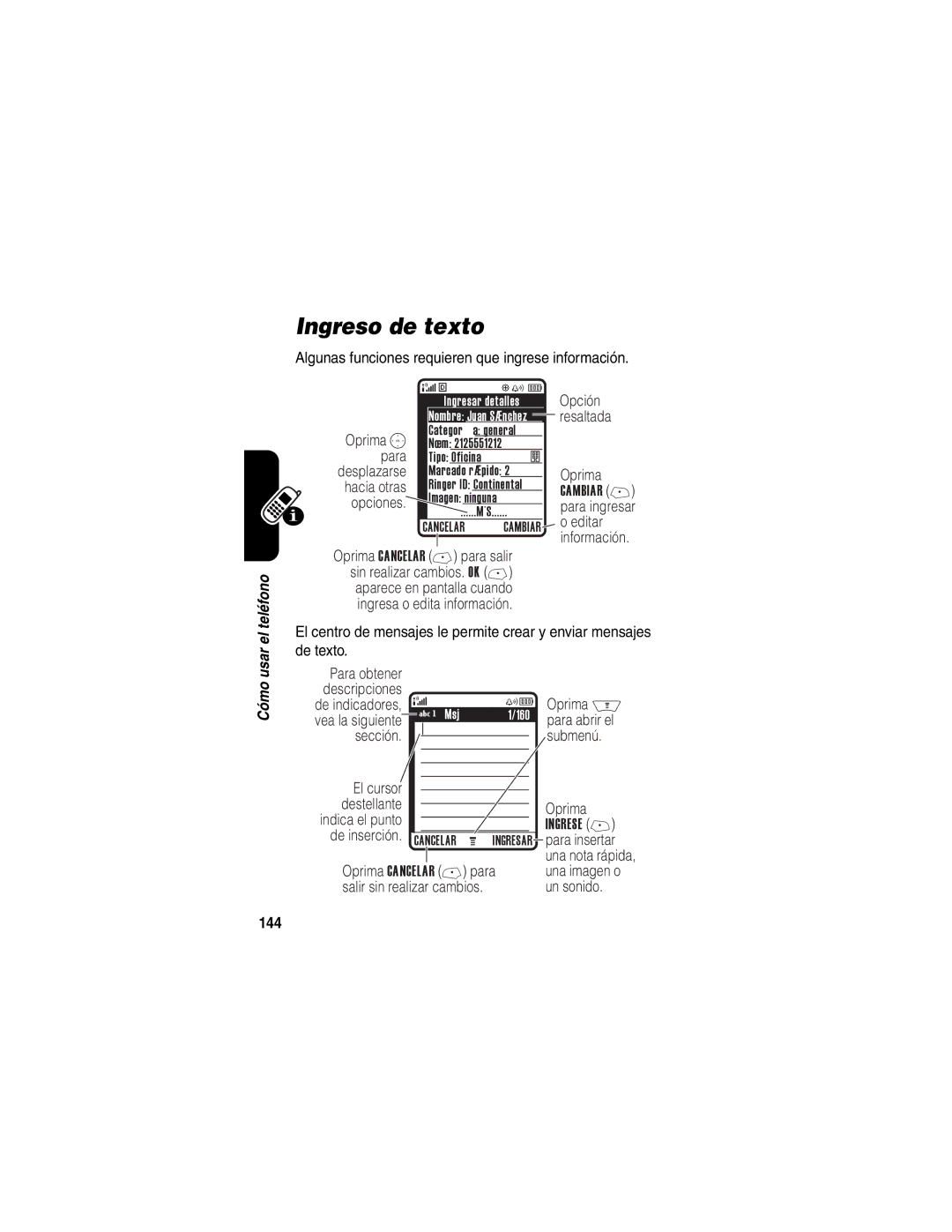 Motorola V710 manual Ingreso de texto, 144 