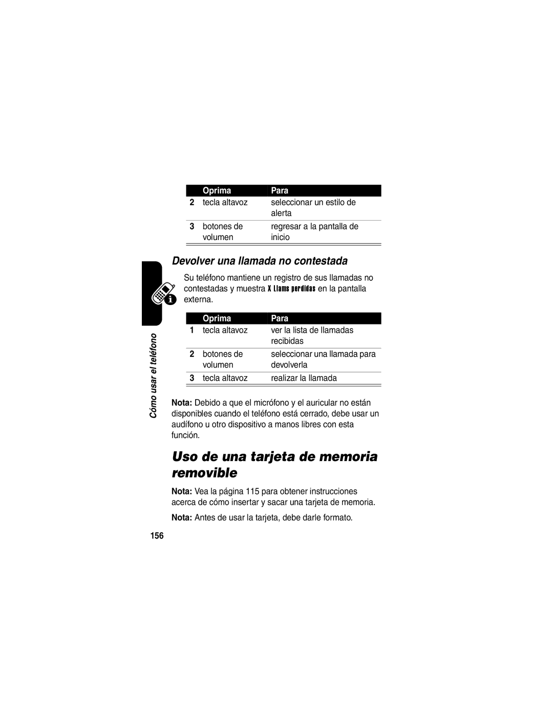 Motorola V710 manual Uso de una tarjeta de memoria removible, Devolver una llamada no contestada, 156 