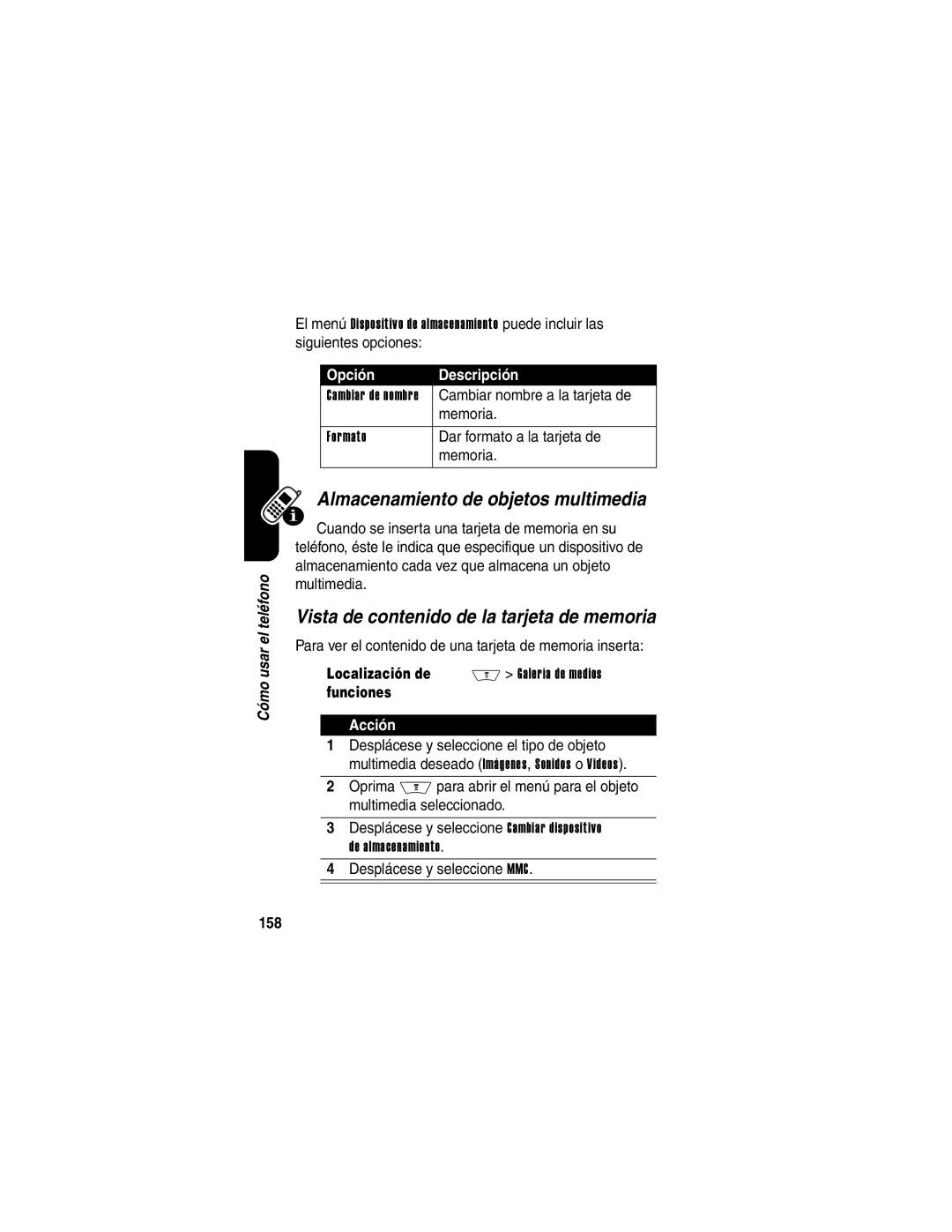 Motorola V710 manual Almacenamiento de objetos multimedia, Vista de contenido de la tarjeta de memoria, 158 