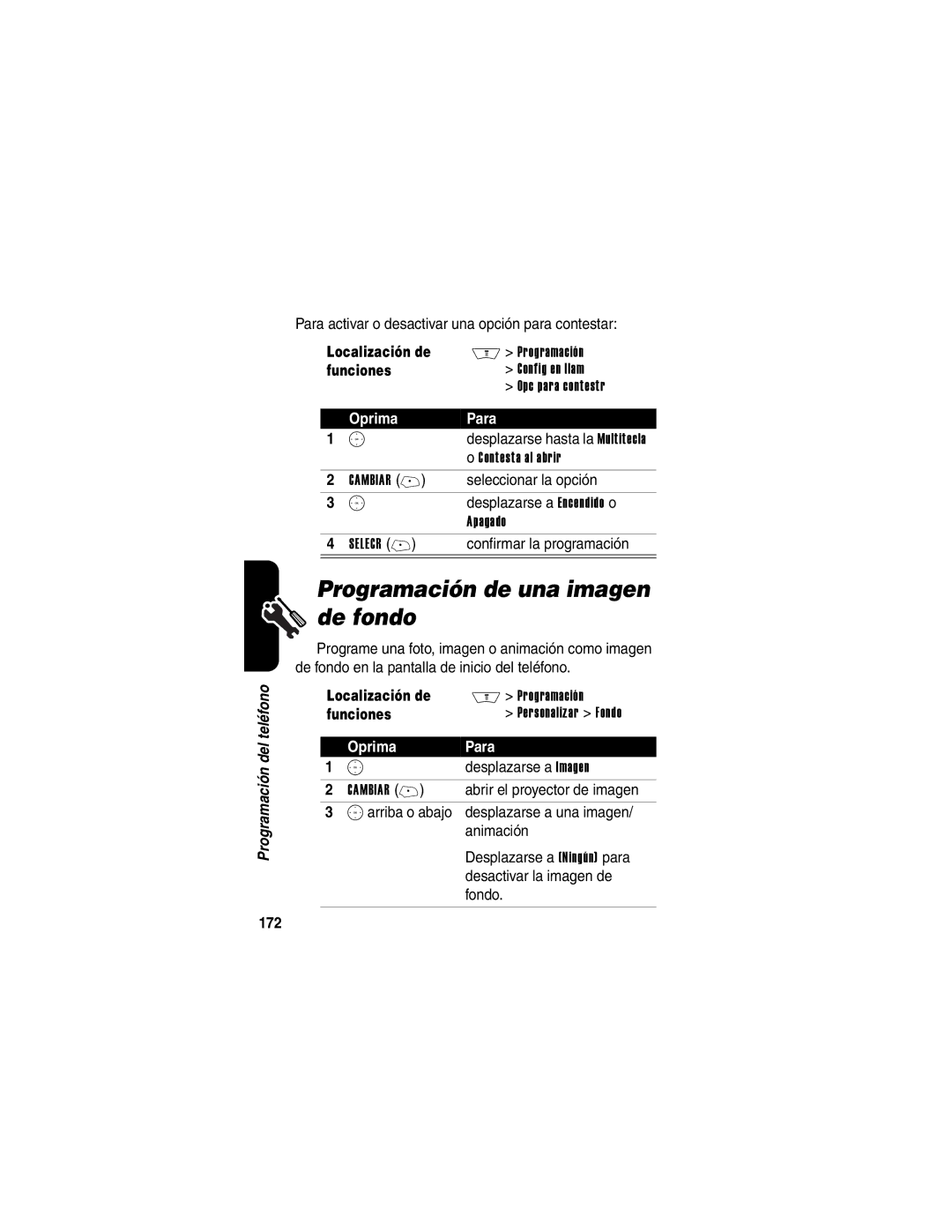 Motorola V710 manual Programación de una imagen de fondo, 172 