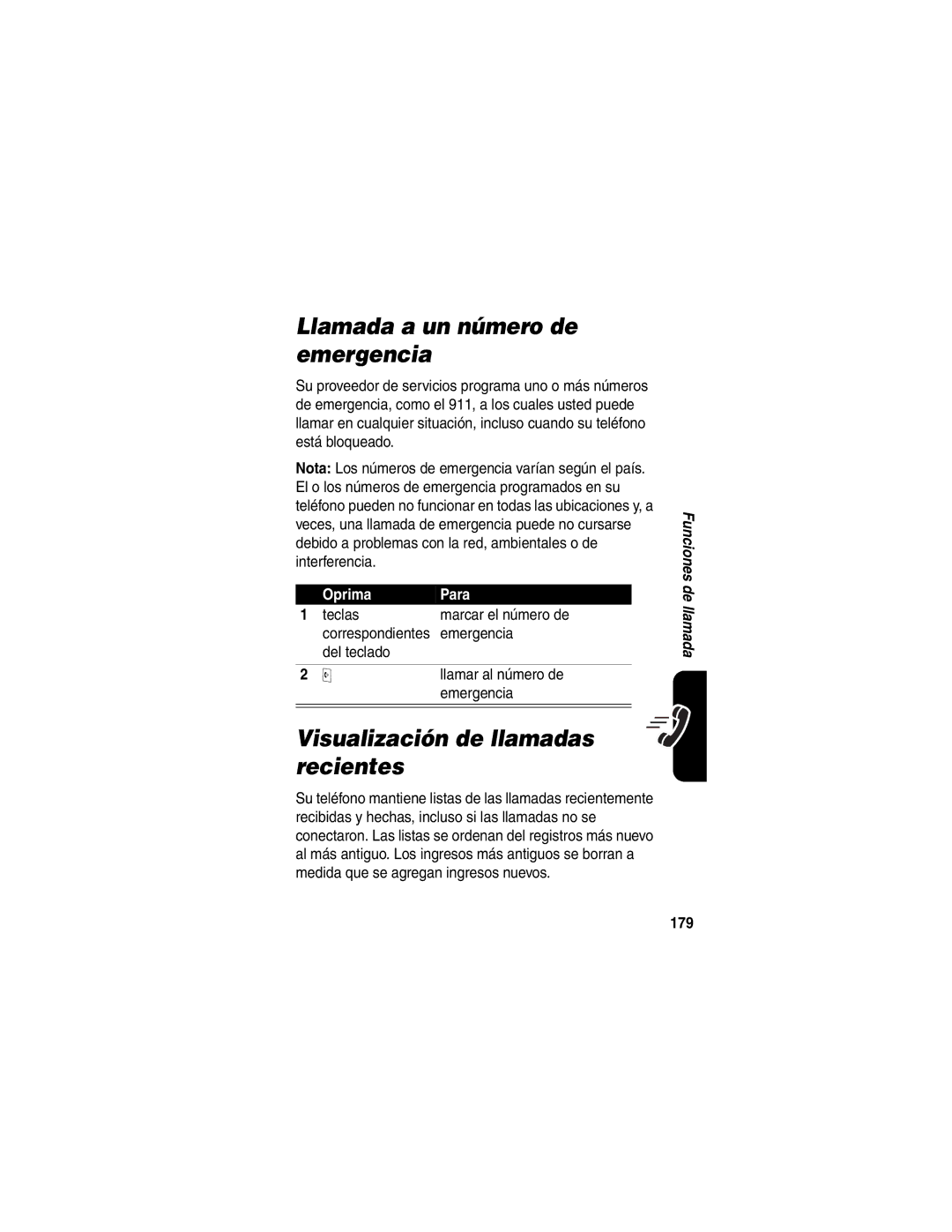 Motorola V710 manual Llamada a un número de emergencia, Visualización de llamadas recientes, 179 